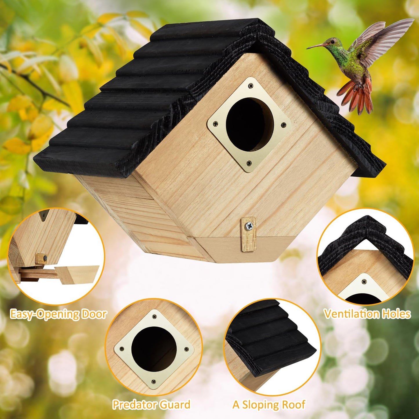 NATUREYLWL Bird House for Outside, Outdoor Bird Houses for Bluebirds, Finches & Cardinals, Wooden Birdhouse with Easy Clean Design, Hanging Birds Nest Box for Garden Decoration (8.6 x 5.9 x 7 Inch)