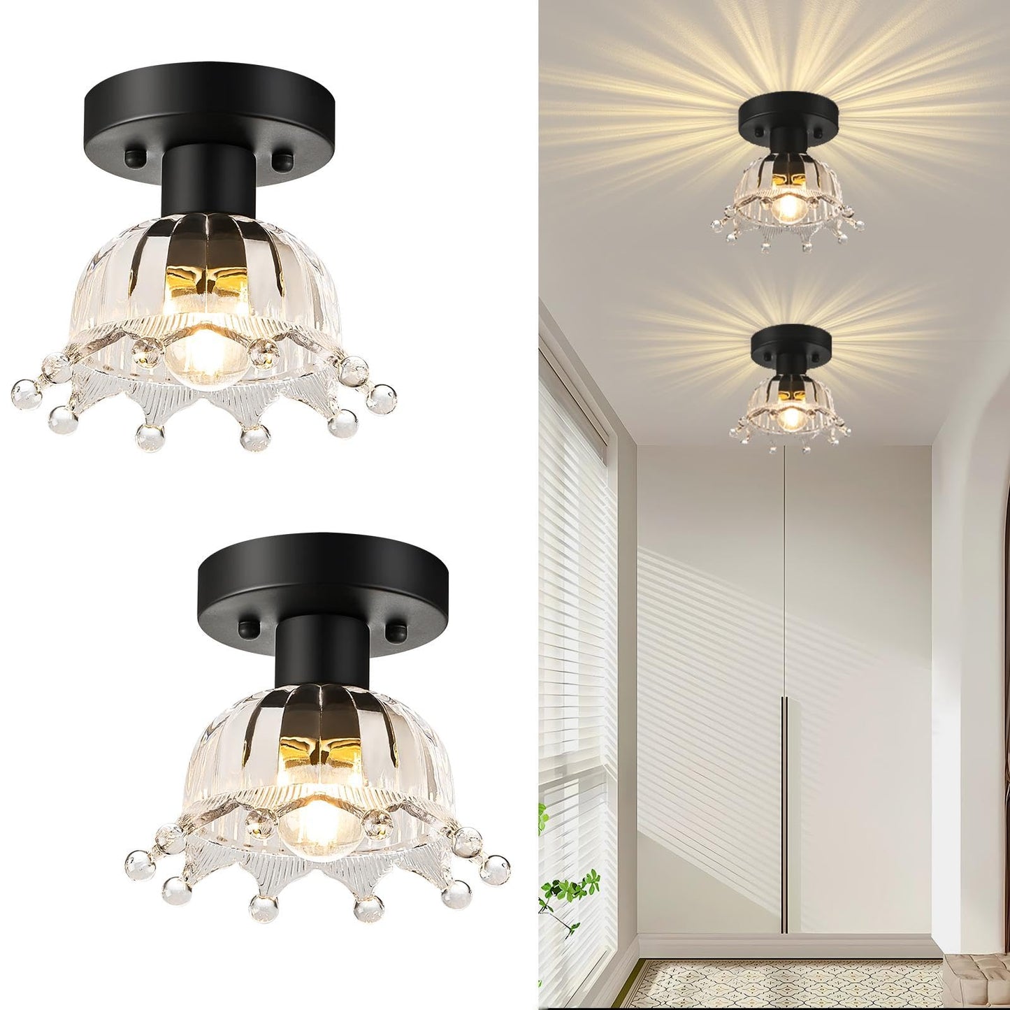 Kvhiiw 2 Pack Black Modern Ceiling Light, Small Kitchen Light Fixtures, Glass Semi Flush Mount Ceiling Light for Hallway, Foyer, Entryway, Laundry Room (7 in)