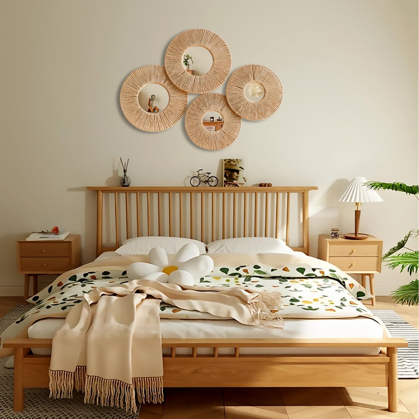 Artilady 4 Pack Hanging Baskets Wall Art - Decorative Woven Wicker Basket Boho Wall Hanging, Rustic Round Mirrors Natural Jute Home Decor Set for Bedroom Living Room Nursery