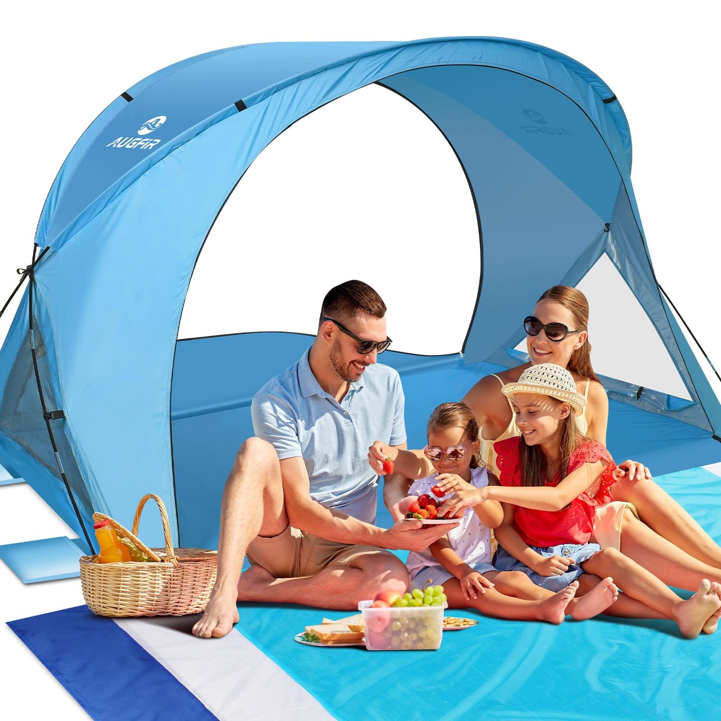 AugFir Beach Tent Sun Shelter, Beach Tent with Beach Mat Set, 4 Person Portable Beach Shade Canopy with UPF 50＋ UV Protection, Dual-Door Ventilation Design, Easy Setup Family Beach Umbrella (Blue)