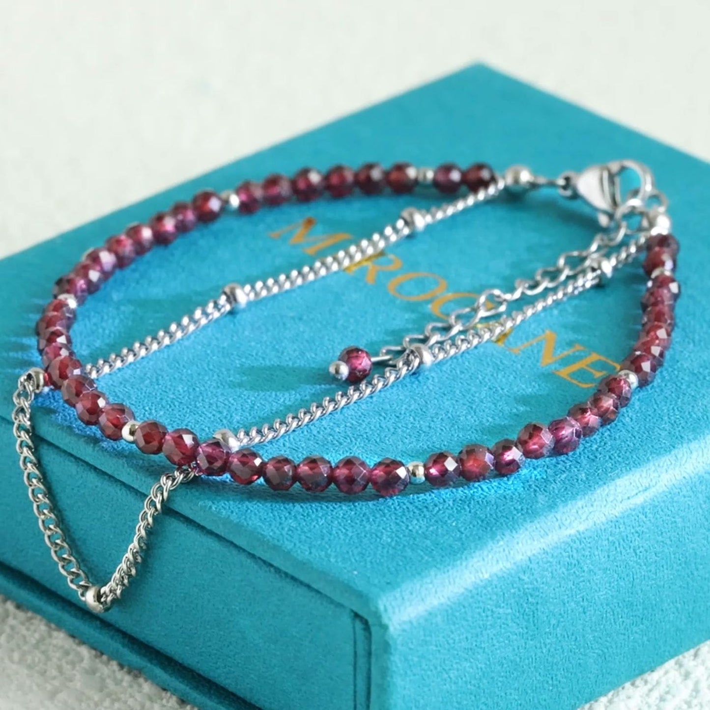 MIROCANE Red Garnet Stand Silver Bracelet, Handmade January Birthstones Stack Bracelets Crystal Gemstones Bead Chain Gifts for Women, 8"