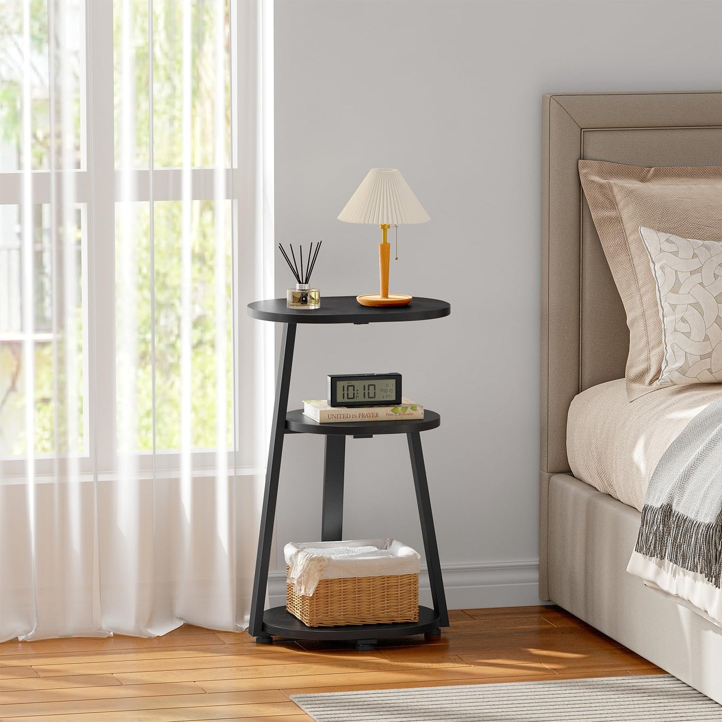 Kalrin Side Table, Small End Table with Metal Frame, 3-Tier Bedside Tables, Round Side Tables for Living Room Bedroom Couch Bathroom, Oval, Pure Black