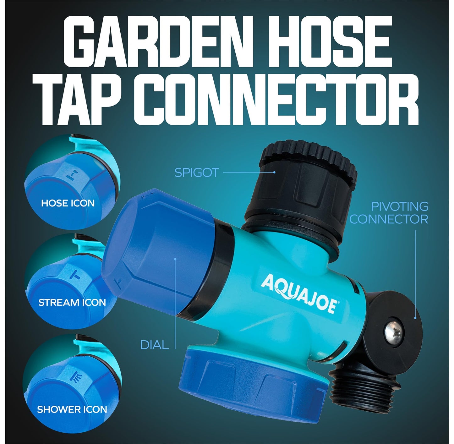 Aqua Joe SJI-MFGA1 Multi-Function Outdoor Water-Tap Connector, 180-Degree Pivoting Hose Connector with 360-Degree Rotating Tap Connector