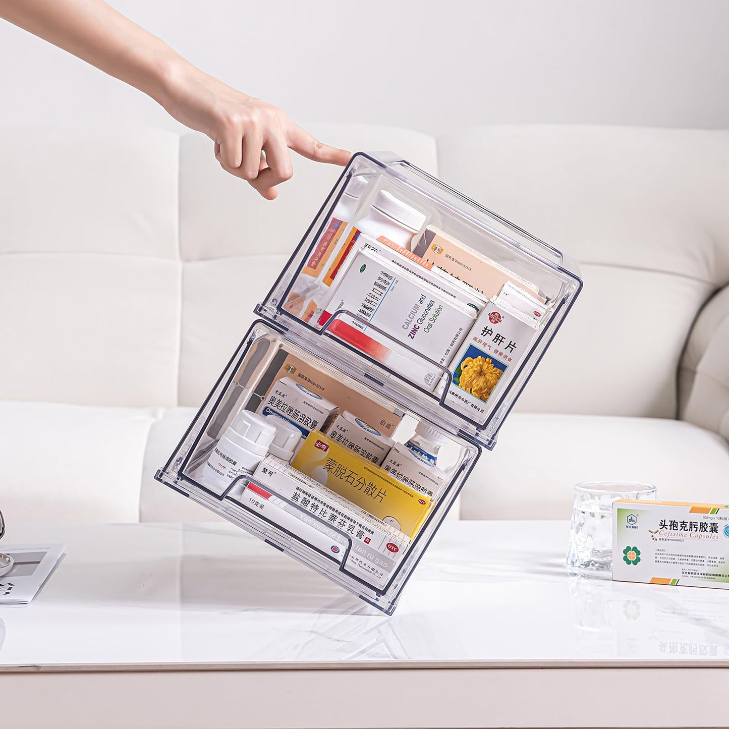 Sgoostood 2 Pack Stackable Organizer Drawers, Clear Desk Storage Box,Transparent Drawer in Home, Office and Kitchen Pull Out Organizer Bins for Make Up, Pen, Desktop Stationary (2Extra Large)