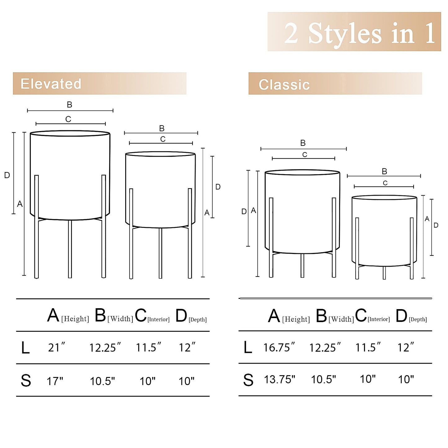 ARNIS Plants Pots with Stand,Set of 2 Flower Pots, Unique Mid Century Decorative Metal Flower Pots with Drainage,10.5&12.25 Inch, Grey and White