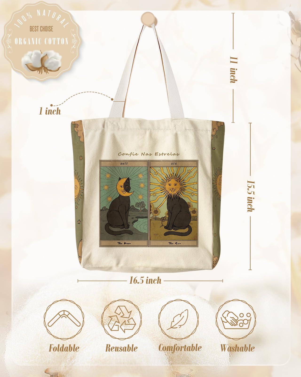 Miss Adola Large Canvas Tote Bag for Women - with Zipper and Inner Pocket Aesthetic Cute Shoulder Bag Reusable Grocery Shopping Bags Cotton Tote Bag for Gym Daily Travel, Sun Moon Cats