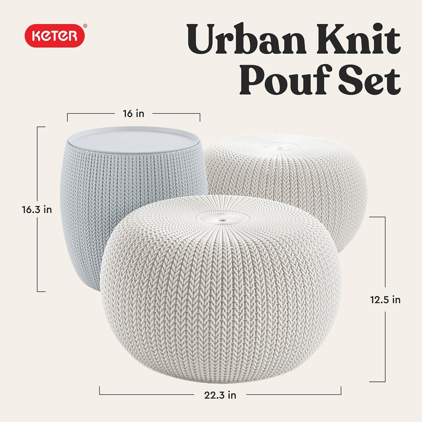 Keter Urban Knit Pouf Ottoman Set of 2 with Storage Table for Patio and Room Décor - Perfect for Balcony, Deck, and Outdoor Seating, Grey & White