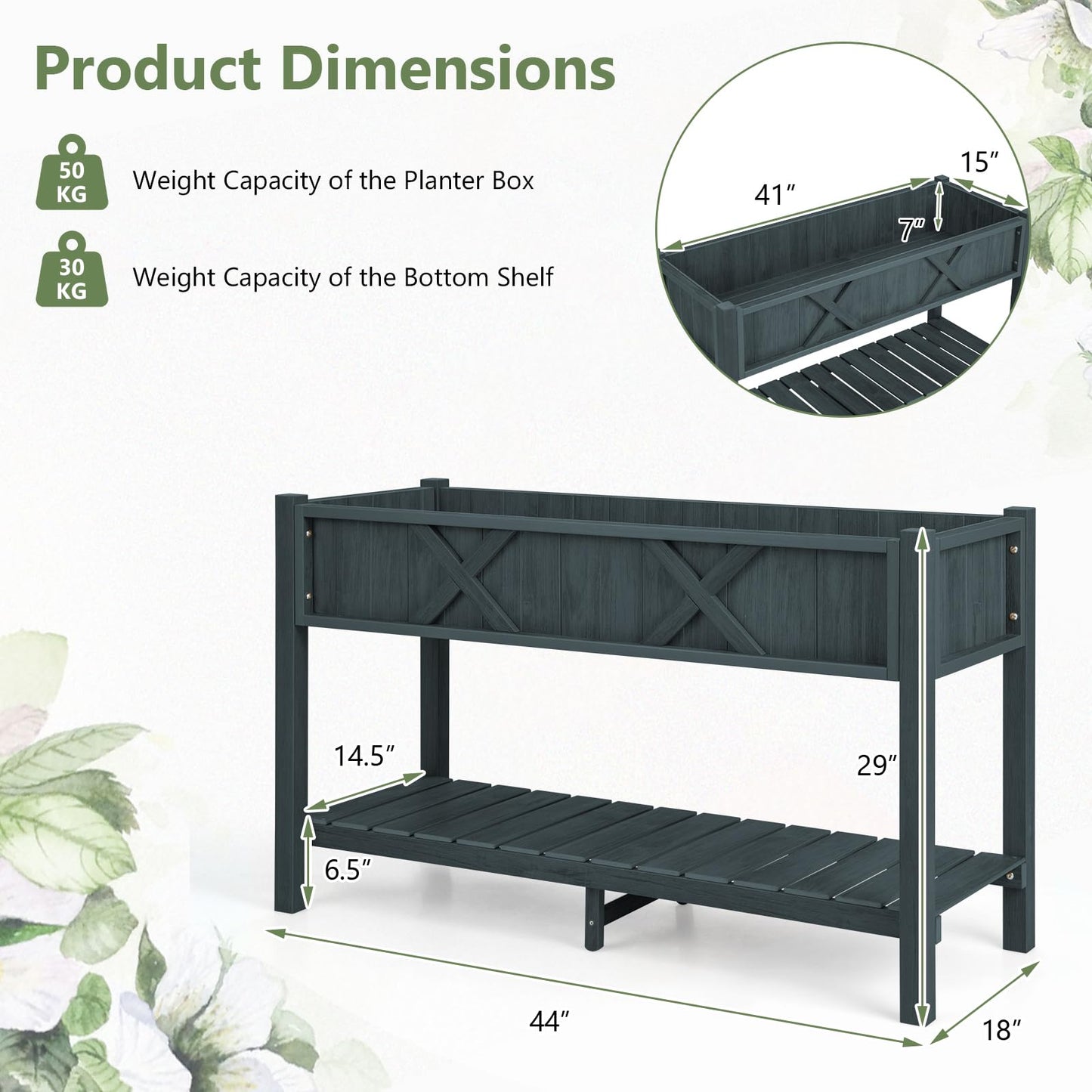 Giantex HIPS Raised Garden Bed, Elevated Planter Box w/Legs, Storage Shelf, Drainage Holes, Weather-Proof Standing Raised Beds for Backyard Balcony Flower Herb (Black, 44" x 18" x 29")