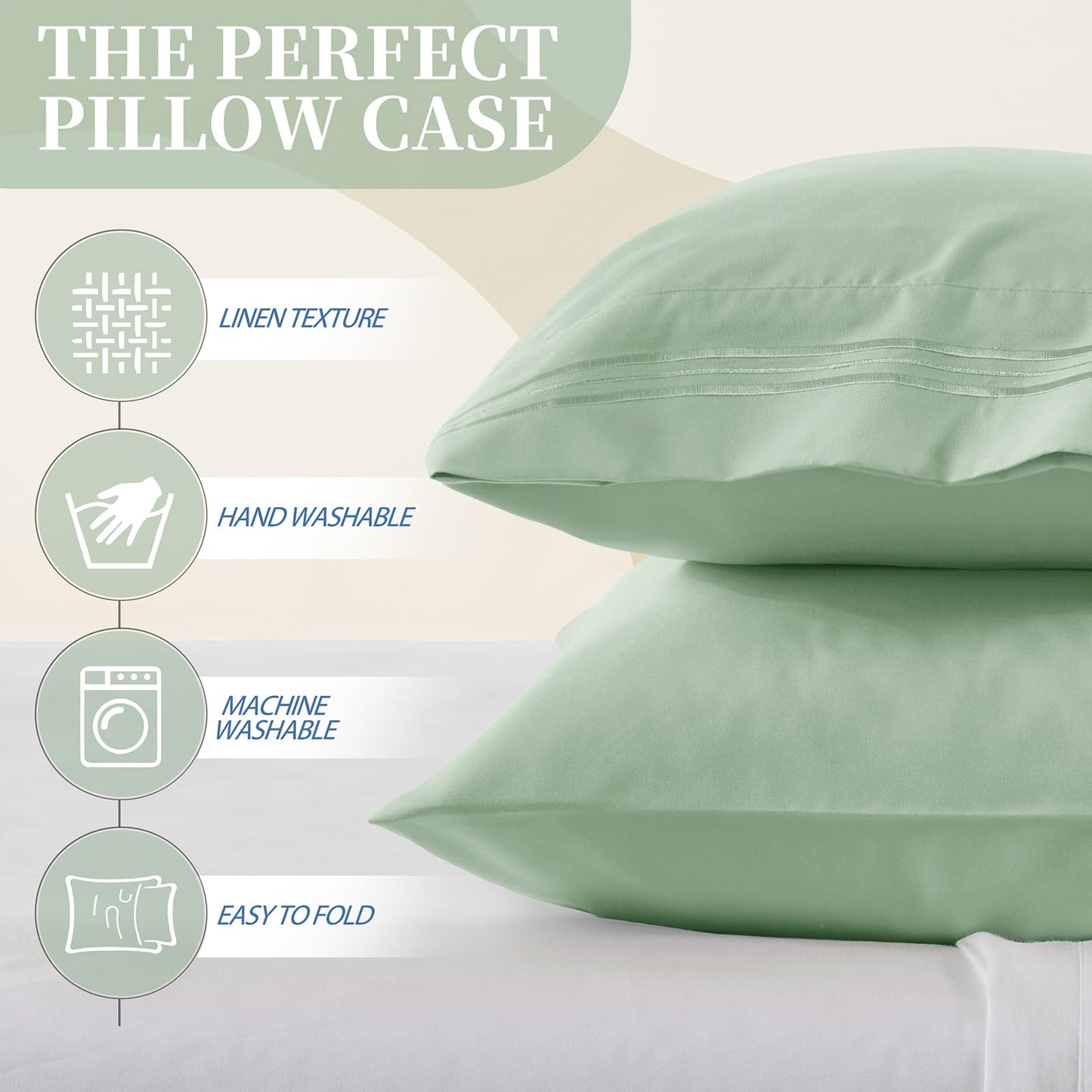 Vonty 2 Pack Standard Pillow Cases - 20x26 Inch, 1800 Thread Count Microfiber Pillowcases Standard Size Sage Green Pillow Cases Luxury & Soft Embroidered Bed Pillow Covers with Envelope Closure