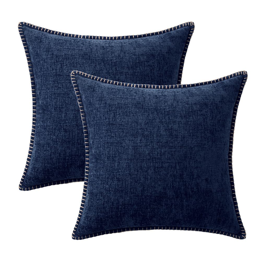 MIULEE Pack of 2 Couch Throw Pillow Covers 18x18 Inch Navy Farmhouse Decorative Pillow Covers with Stitched Edge Soft Chenille Solid Dyed Pillow Covers for Sofa Bed Living Room