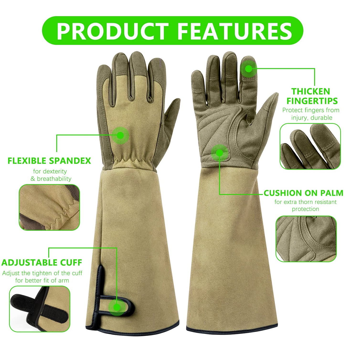 Yionaiyi Professional Rose Pruning Thorn Proof Gardening Gloves with Long Forearm Protection for Men and Women (1 Pair) (green, Large