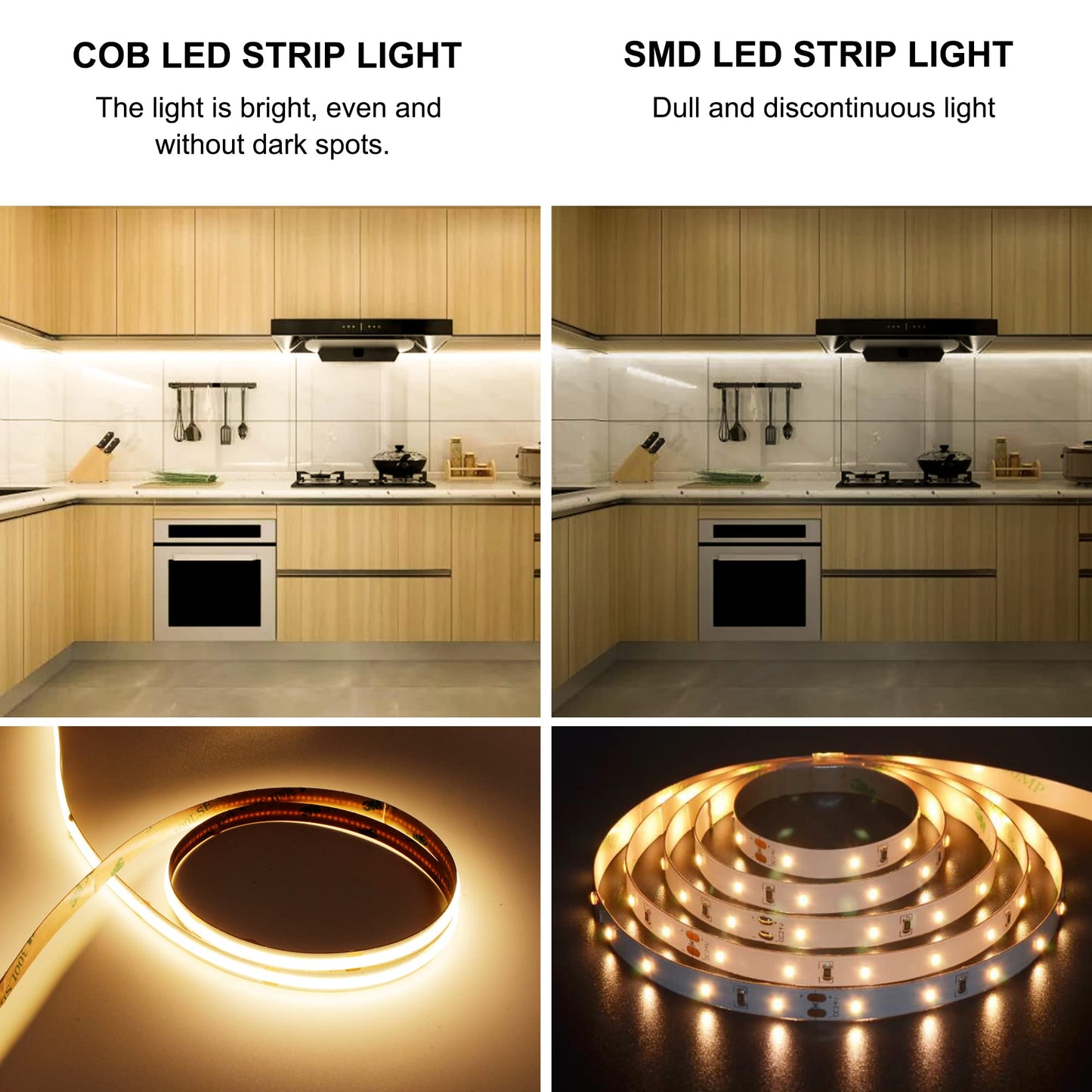 AXMOTUT COB LED Strip Light Warm White, High Bright LED Strips with 2400LEDs, RF Remote and UL Power Supply, 3000K Dimmable LED Lights for Bedroom, Kitchen, DIY Home Decoration