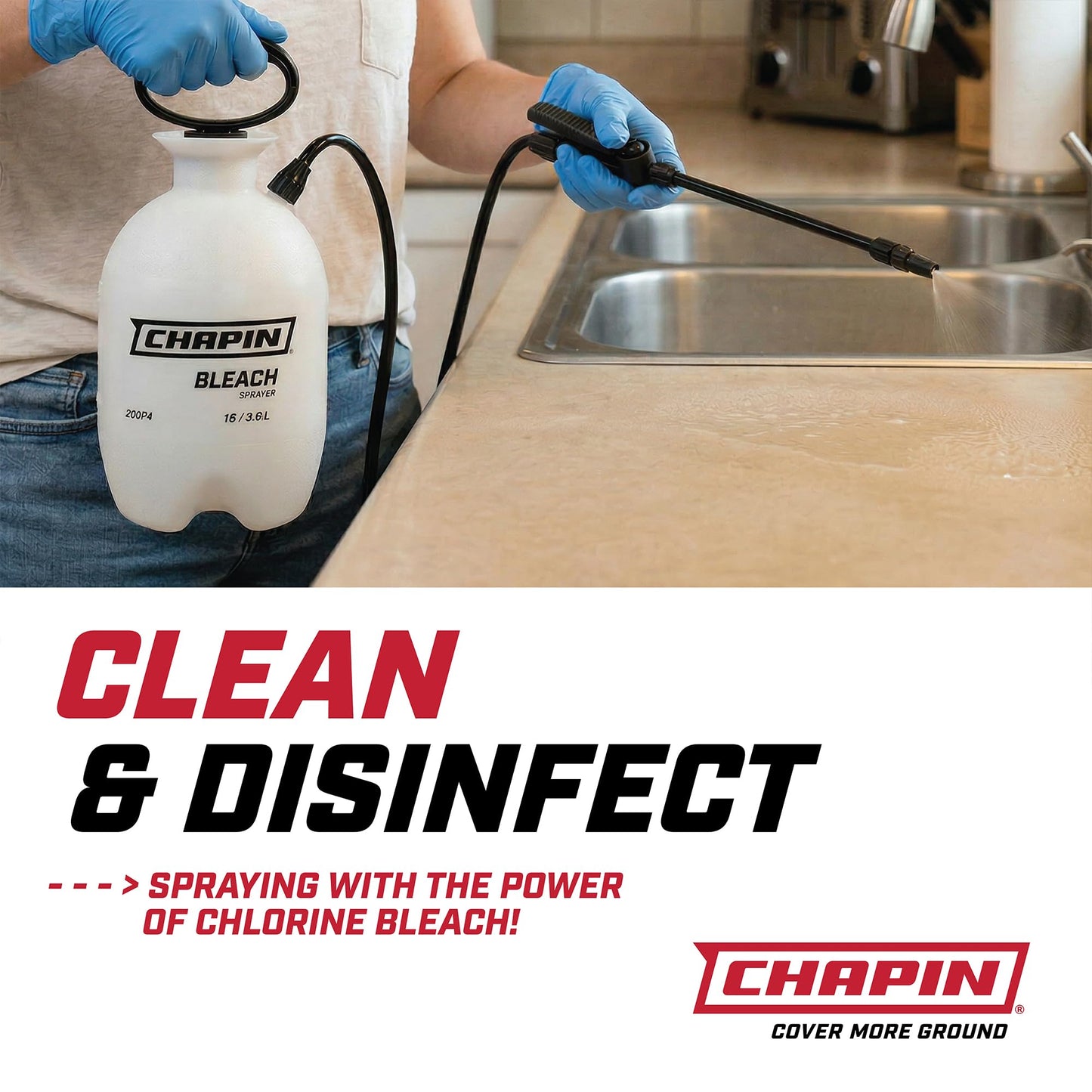 Chapin 22074 Bleach Pump Sprayer, 2‑Gallon, Lawn & Garden, Bleach‑Resistant Poly Tank, Funnel‑Top, Anti‑Clog Filter, Adjustable Cone Nozzle, 40" Hose for Cleaning, Mold & Disinfecting Applications