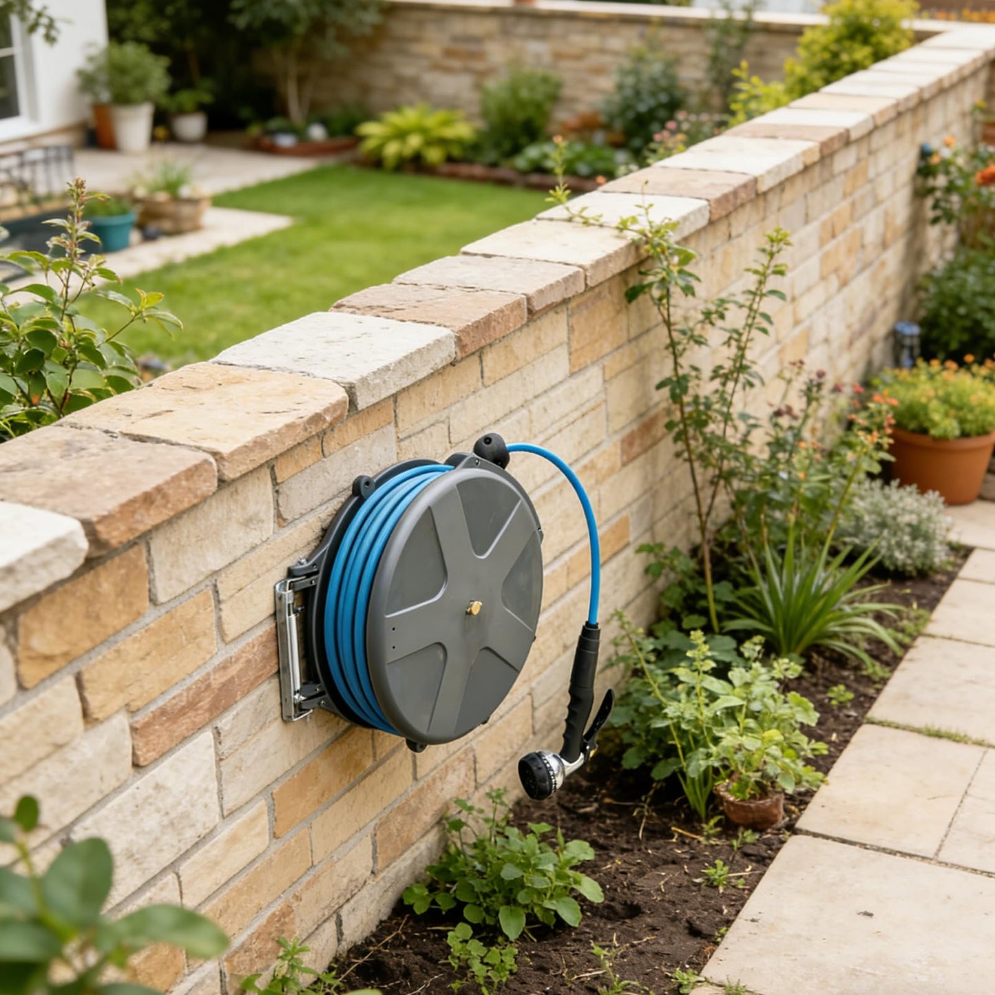 Maxcarl Retractable Water Hose Reel 1/2 in x 65 ft with Spray Gun, Wall Mounted High Pressure Hose Reel