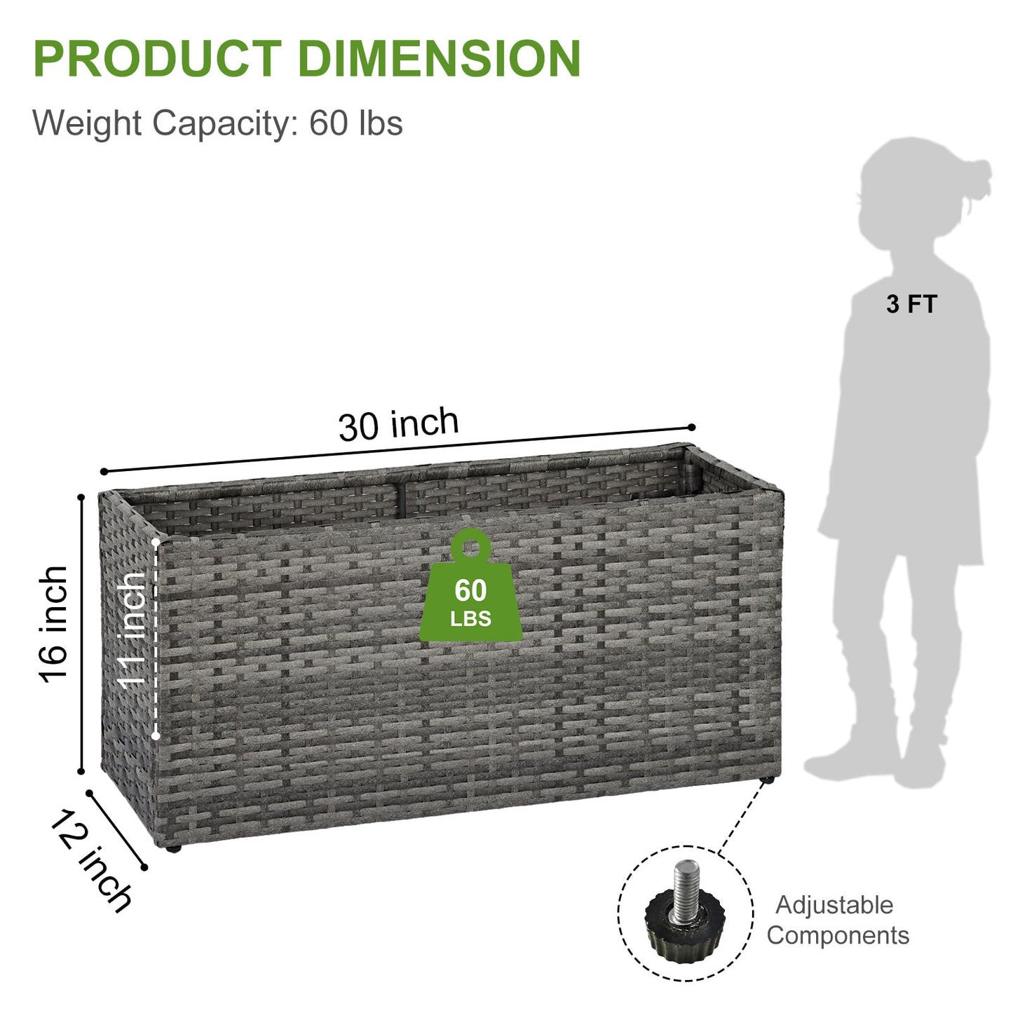 LEWIS&WAYNE Large Rectangular Block Planter Box Handmade Wicker Tall Planters for Outdoor Plants with Removable Liners Modern Planter for Indoor Outdoor Patio Deck - Gray, 30''x12''x16''