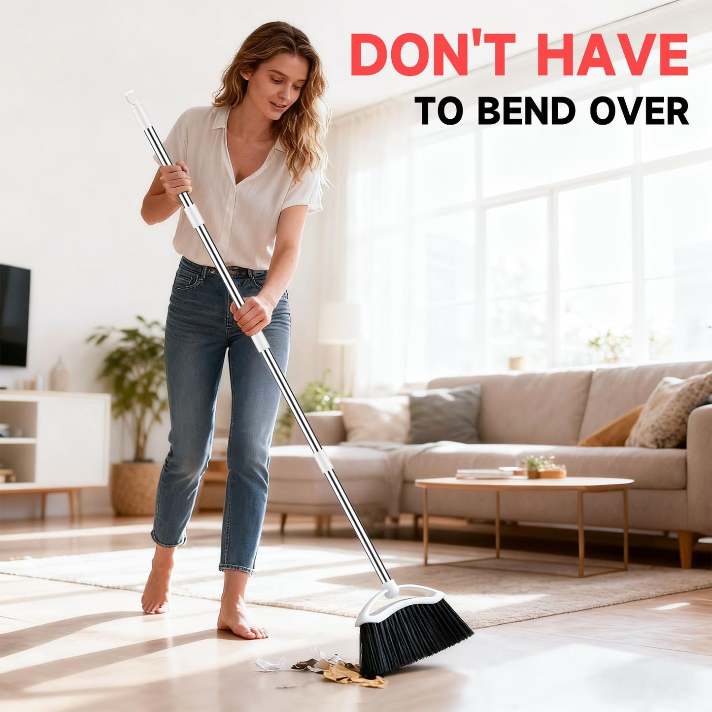 EZKEY Heavy Duty Broom, 54-inch Adjustable Long Handle Angle Brooms Large Brooms for Sweeping Indoor and Outdoor Commercial Broom for Home Kitchen Patio Garage Porch Courtyard Classroom, White