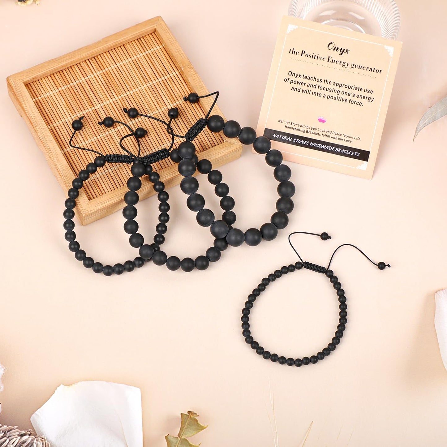 AD Beads 8mm Matte Onyx - Positive Energy - Handmade Natural Stone Crystal Bracelet with Adjustable Macrame String - Yoga Healing Power Energy Gifts for Men and Women