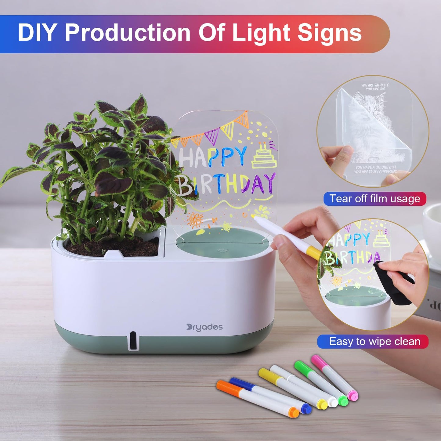 Self-Watering Plant Pot with LED Note Board & 7 Colors Pen Acrylic Message Board with Light Acrylic Dry Erase Board, Led Cat Board Night Light with Planting Pot for Christmas(No Plant&Seed)