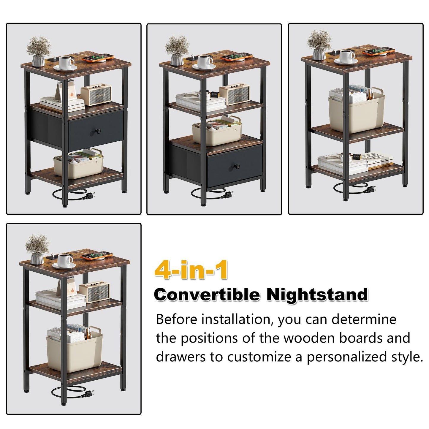 Tensirock Side Table with Charging Station, Nightstand with Adjustable Fabric Drawer, Bedside Table for Bedrooms, Living Rooms & Home Decor (Brown Black)