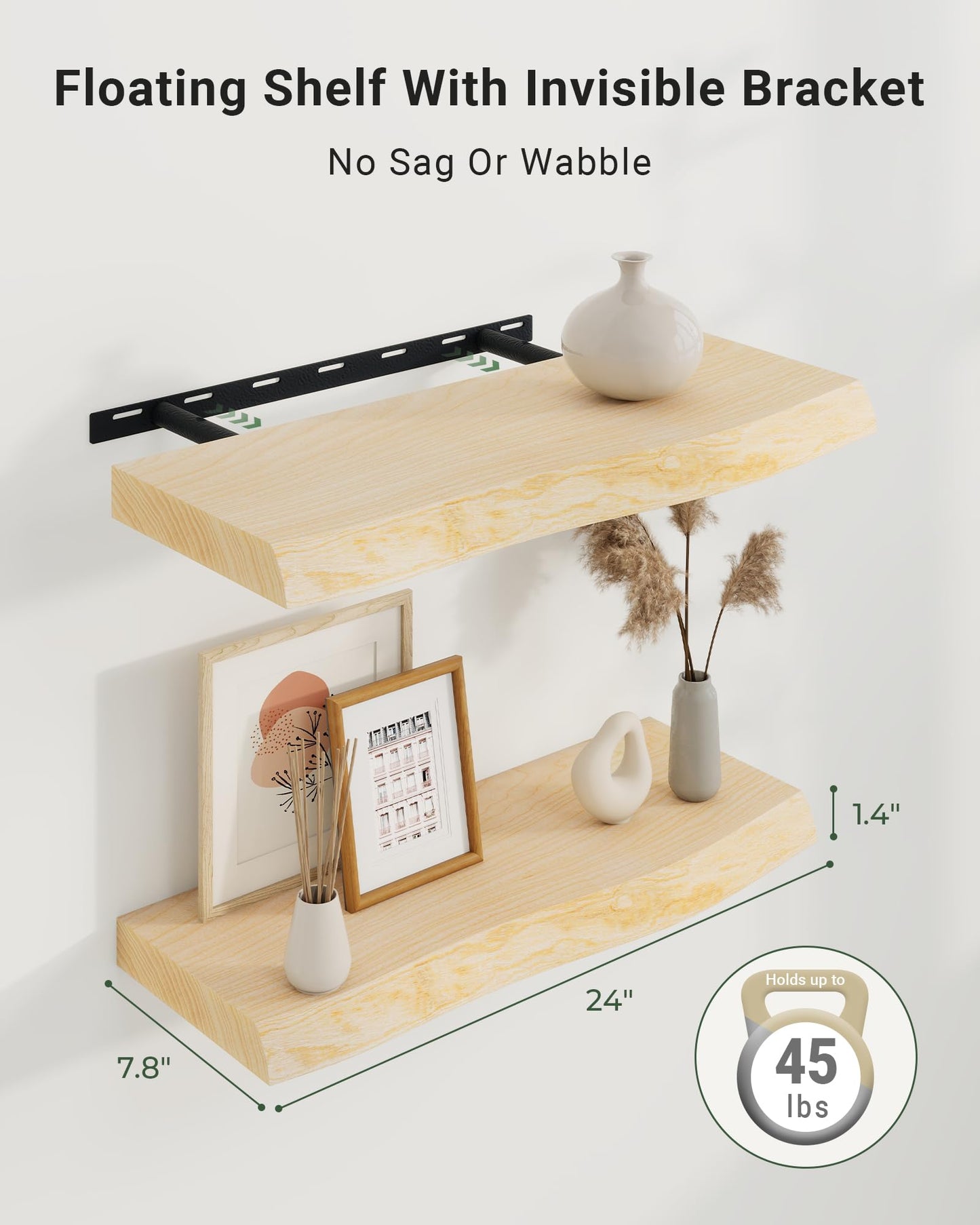Axeman 24" Solid Wood Floating Shelves for Wall Decor, USA-Sourced Rustic Ash Wood Live Edge Shelf with Upgraded Heavy Invisible Bracket, Wall Mounted Shelf for Kitchen Bathroom Living Room, Natural