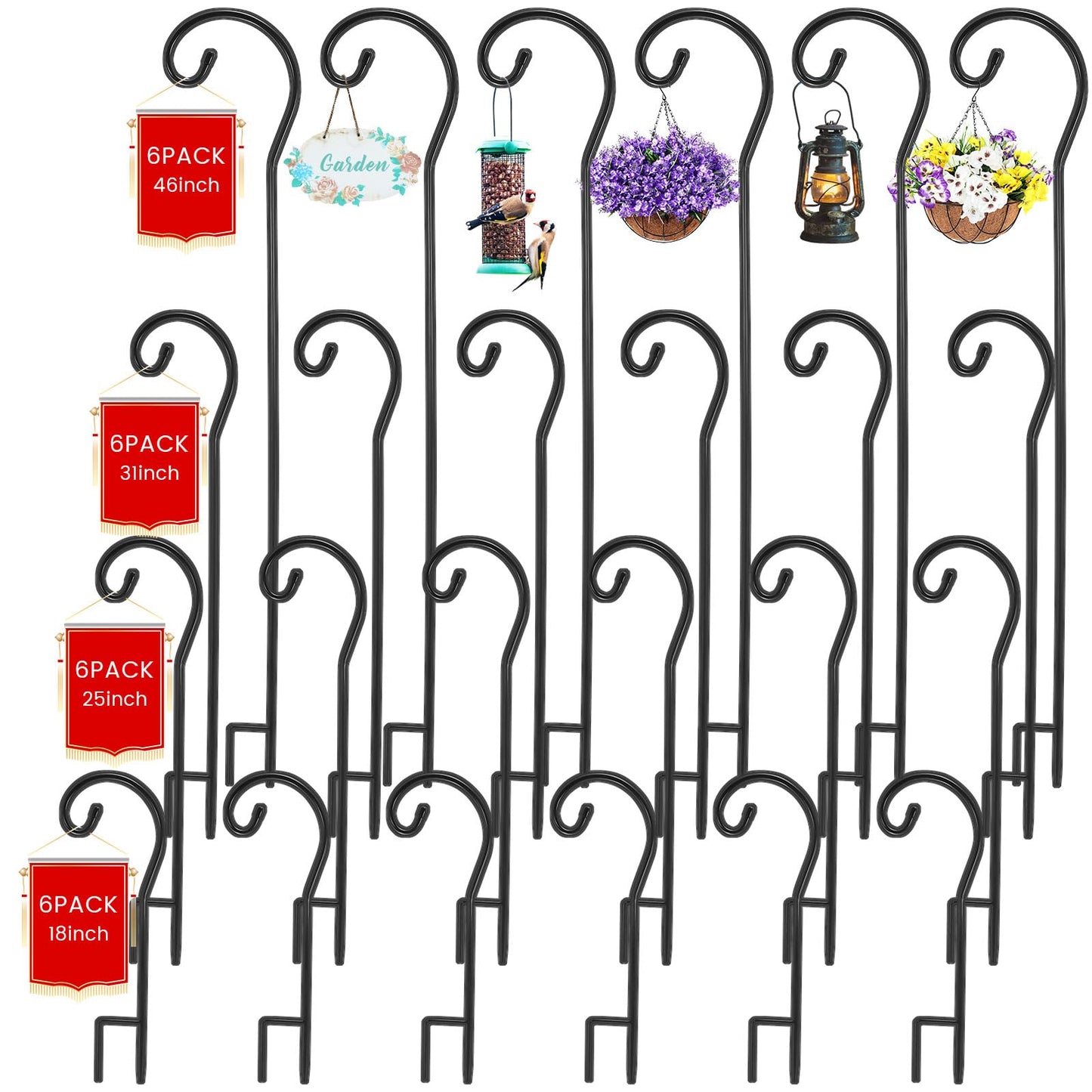 Hicarer 24 Pcs 18/25/31/46'' Adjustable Shepherds Hook Combination Outdoor Detachable Garden Metal Hook Stand for Hanging Bird Feeder Plant Mason Jars String Light Wind Chimes Wedding Decor