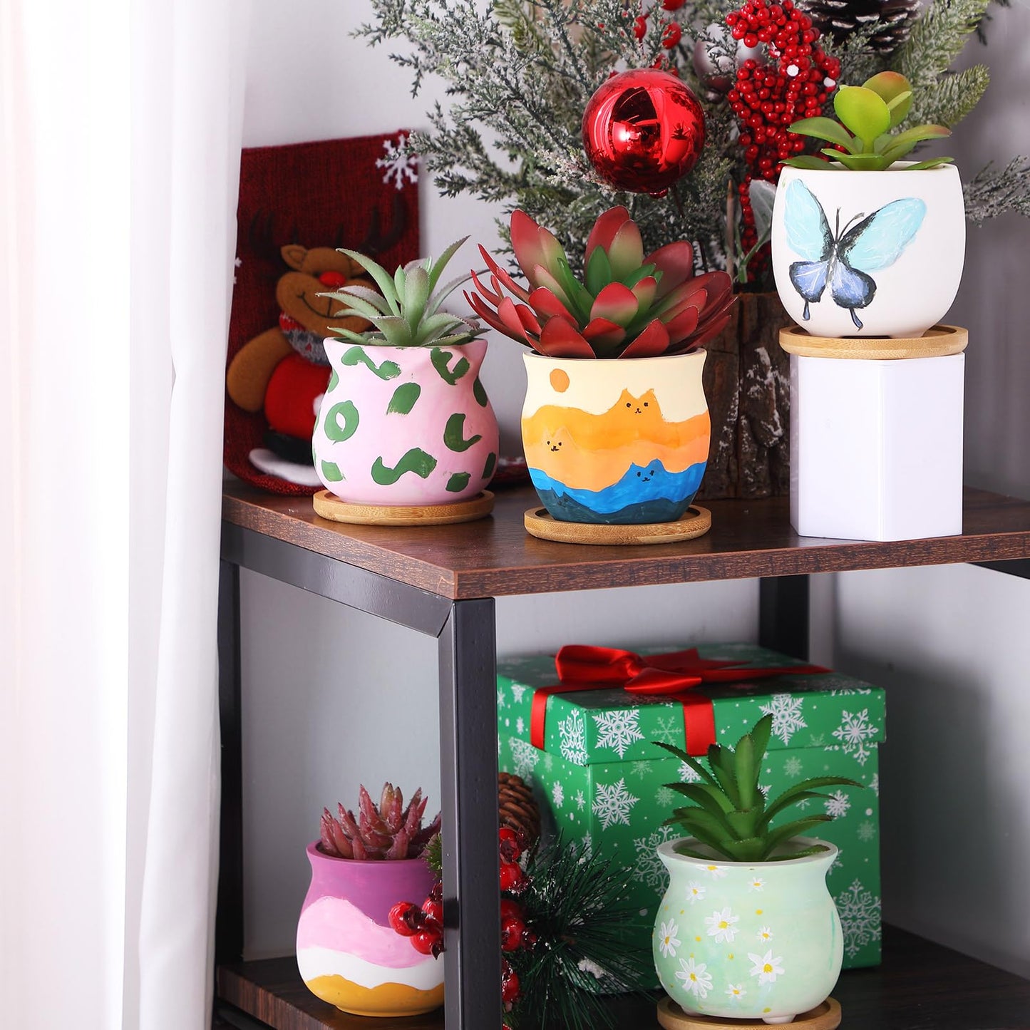 Remerry 18 Pcs 3.5 Inch Mini Succulent Pots with Bamboo Tray White Ceramic Pots Color Your Own DIY Small Planters Containers for Flower Cactus with Drainage Hole for Plant Lover