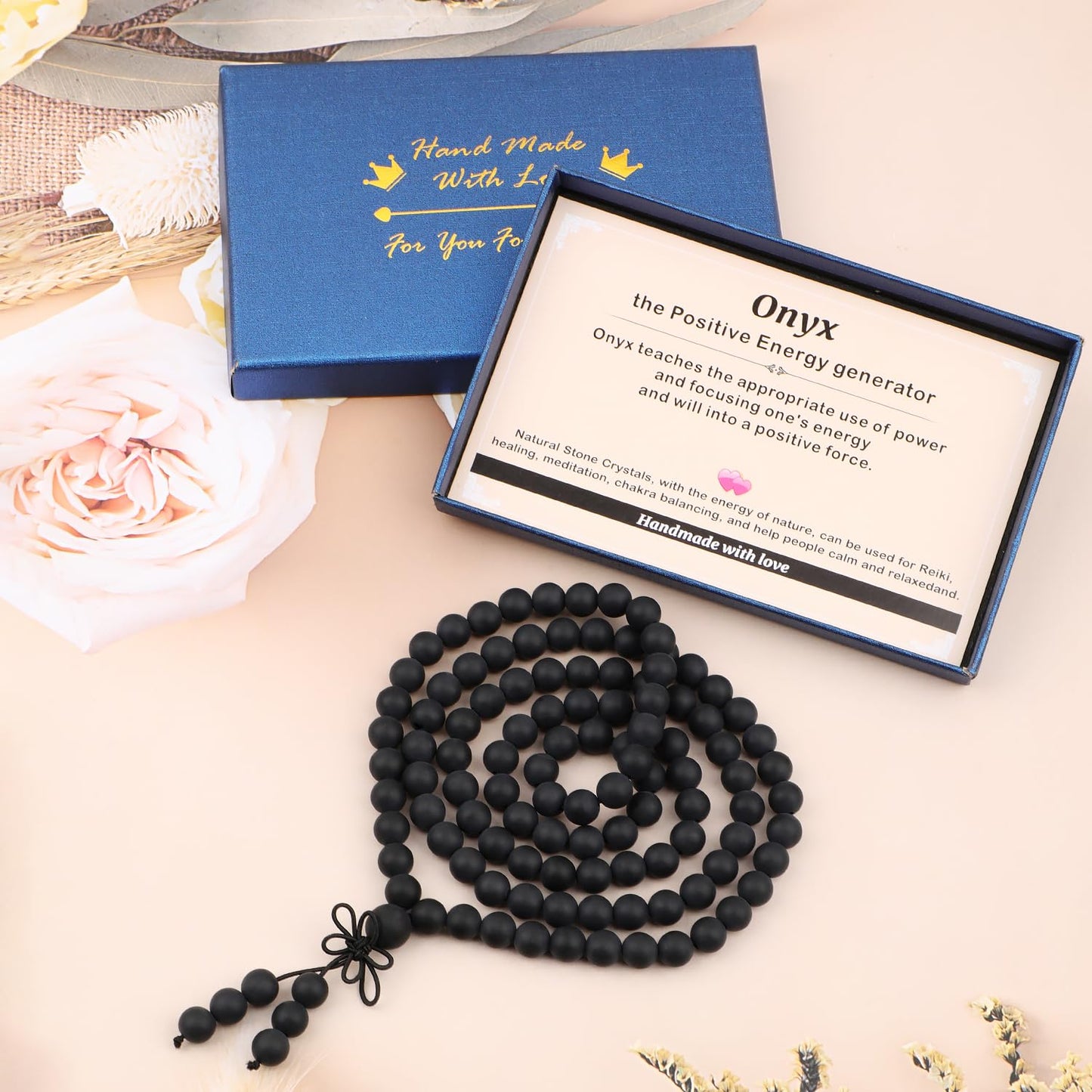 AD Beads 8mm 108 Prayer Mala Matte Onyx Elastic Bracelet - Peace and Tranquility - Handmade Yoga Meditation Healing Power Energy Gifts for Unisex Adult.