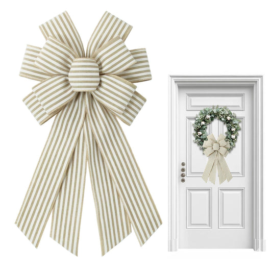 Vickasi Natural Stripes Wreath Bows for Front Door, Khaki Stripes Burlap Ribbon Bowknot Farmhouse Craft Bows Accessories for Wreath Tree Home Decorations