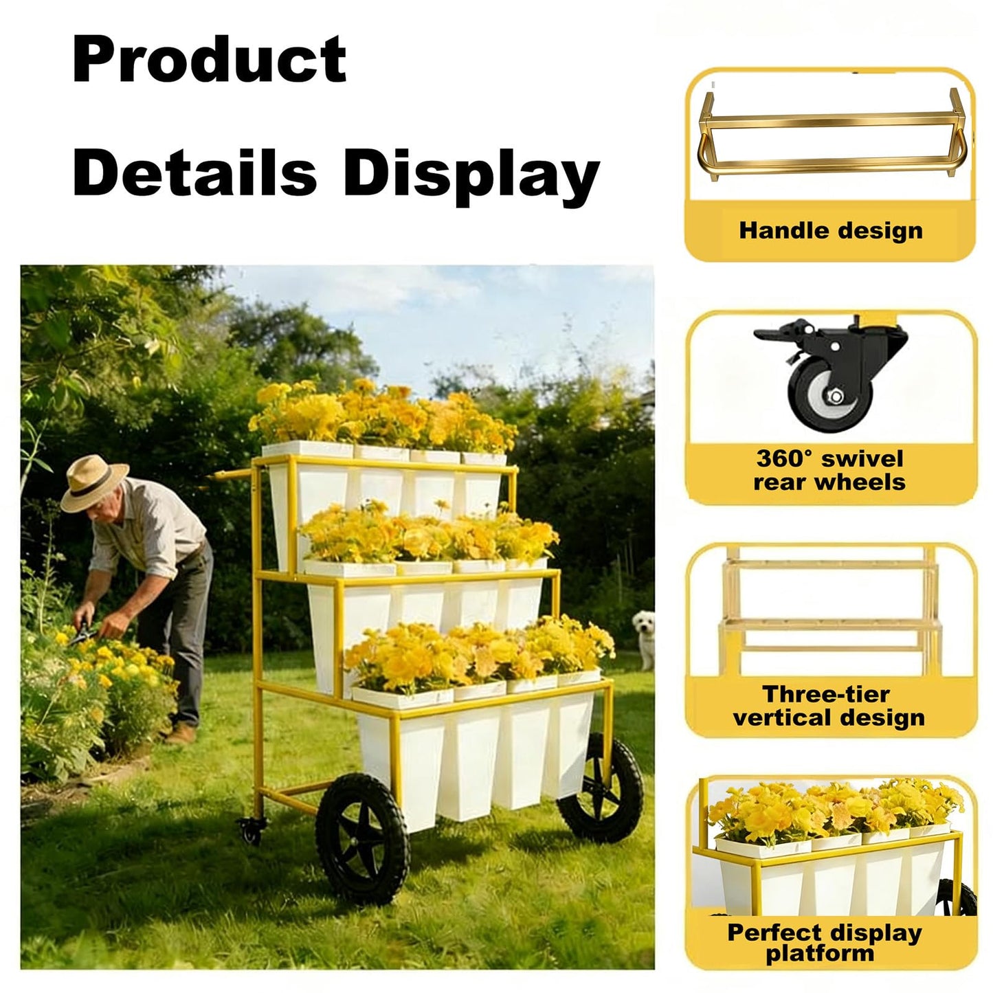 VITNSVILE Mobile Metal Flower Plant Stand, 360° Rolling Flower Display Stand for Indoor Outdoor, Space Saving Flower Bar Stand for Patio, Garden Event White, Black, Gold (White L33.4*W31.4*H*40.5in)