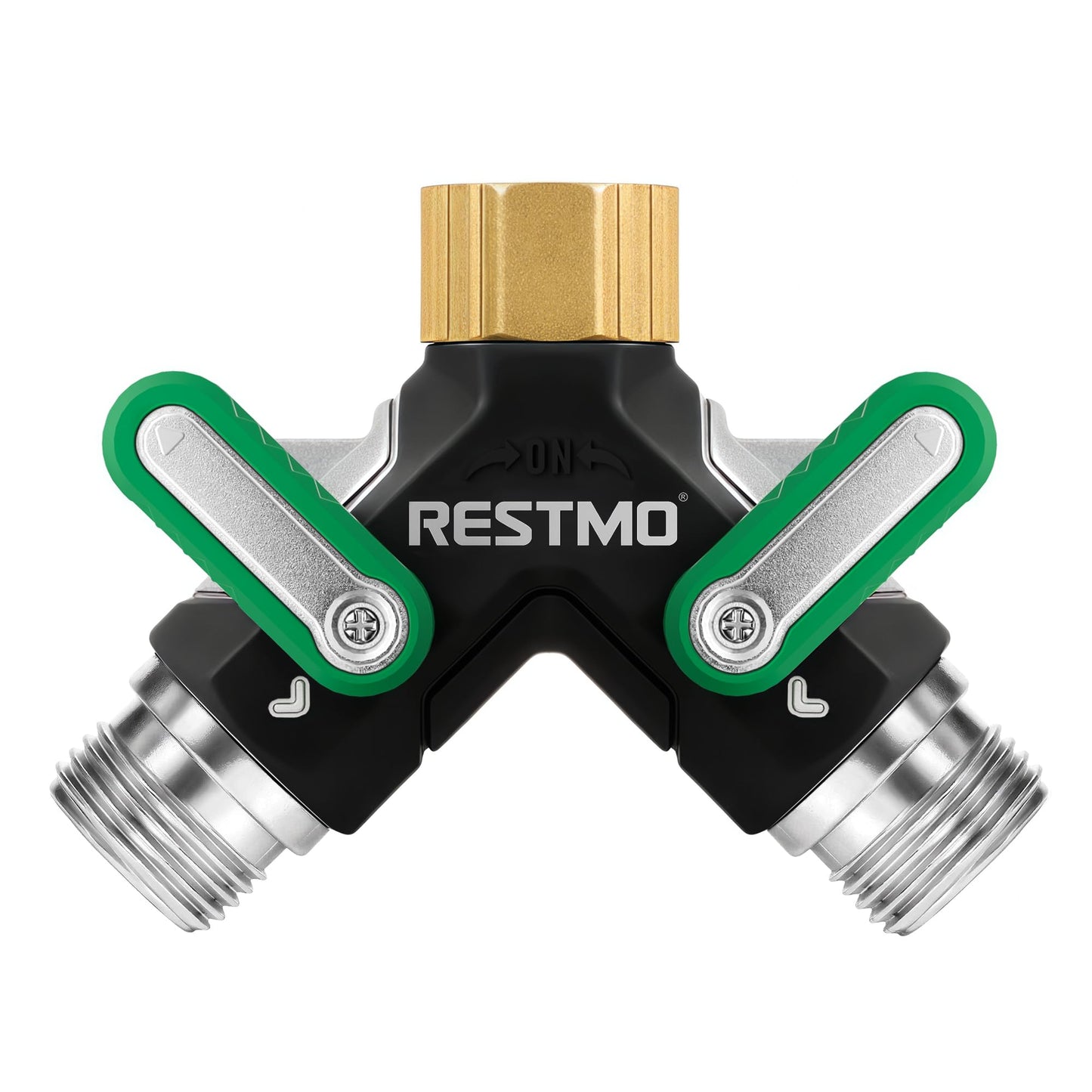 RESTMO 2 Way Garden Hose Splitter Heavy Duty Full Metal Body, Full Flow Design with Oversized Ball Valve, Y Outdoor Faucet Spigot Adapter with Extended Levers, 3/4" GHT Thread - Green 1 Pack