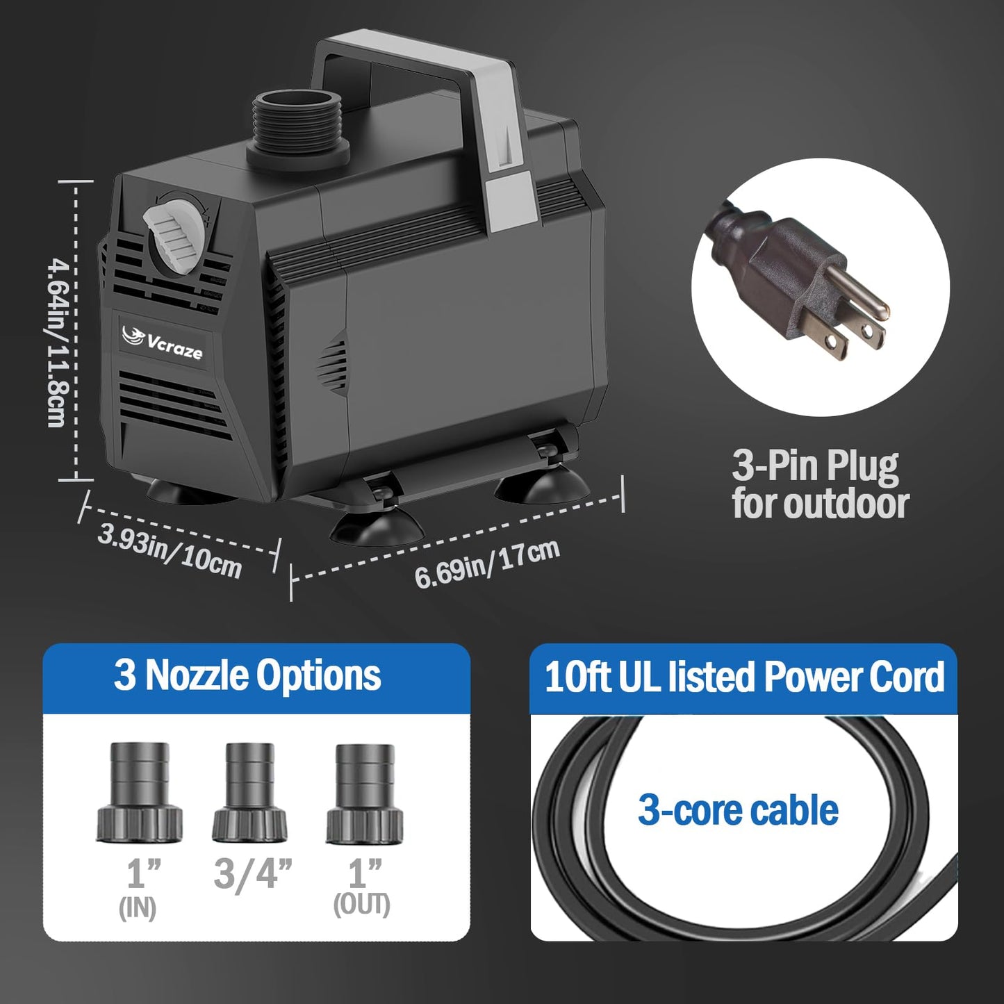 VCRAZE Submersible Water Pump 1050GPH/55W Fountain Pumps with Flow Control, Pond Pump Submersible Outdoor with 10ft 3-Core Power cable for Hydroponics, Aquarium, Waterfall, Statuary, Water feature