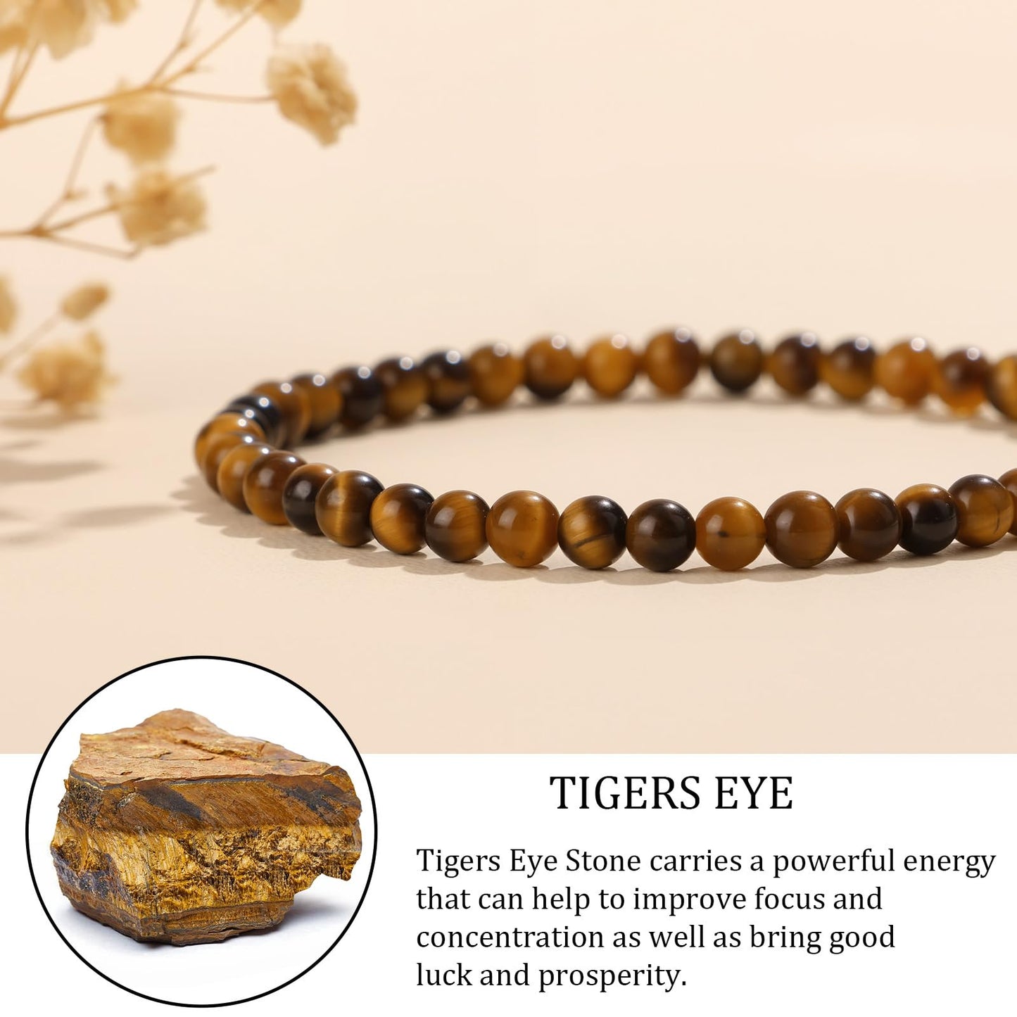 GolbalJew Natural Gemstone Beads Bracelets Healing Crystal Stone Beaded Bracelet for Women Men Handmade Spiritual Jewelry Gifts, 4mm Tigers Eye Round Beads