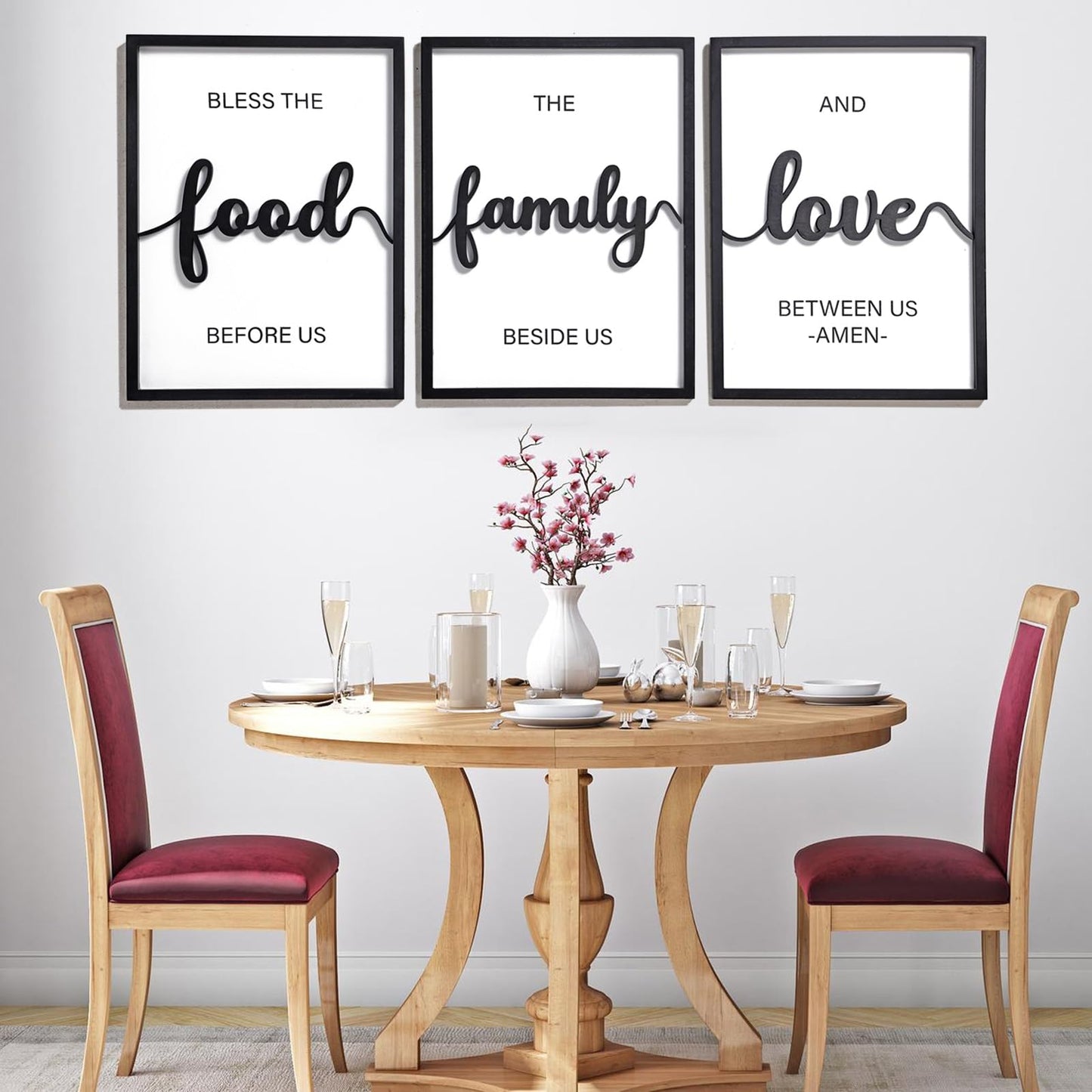 3D Wood Bless The Food Before Us Wall Decor, 36" x 16" Framed Kitchen Wall Art for Dining Room Wall Decor(Ready to Hang, 12x16 inches, Set of 3, Framed)
