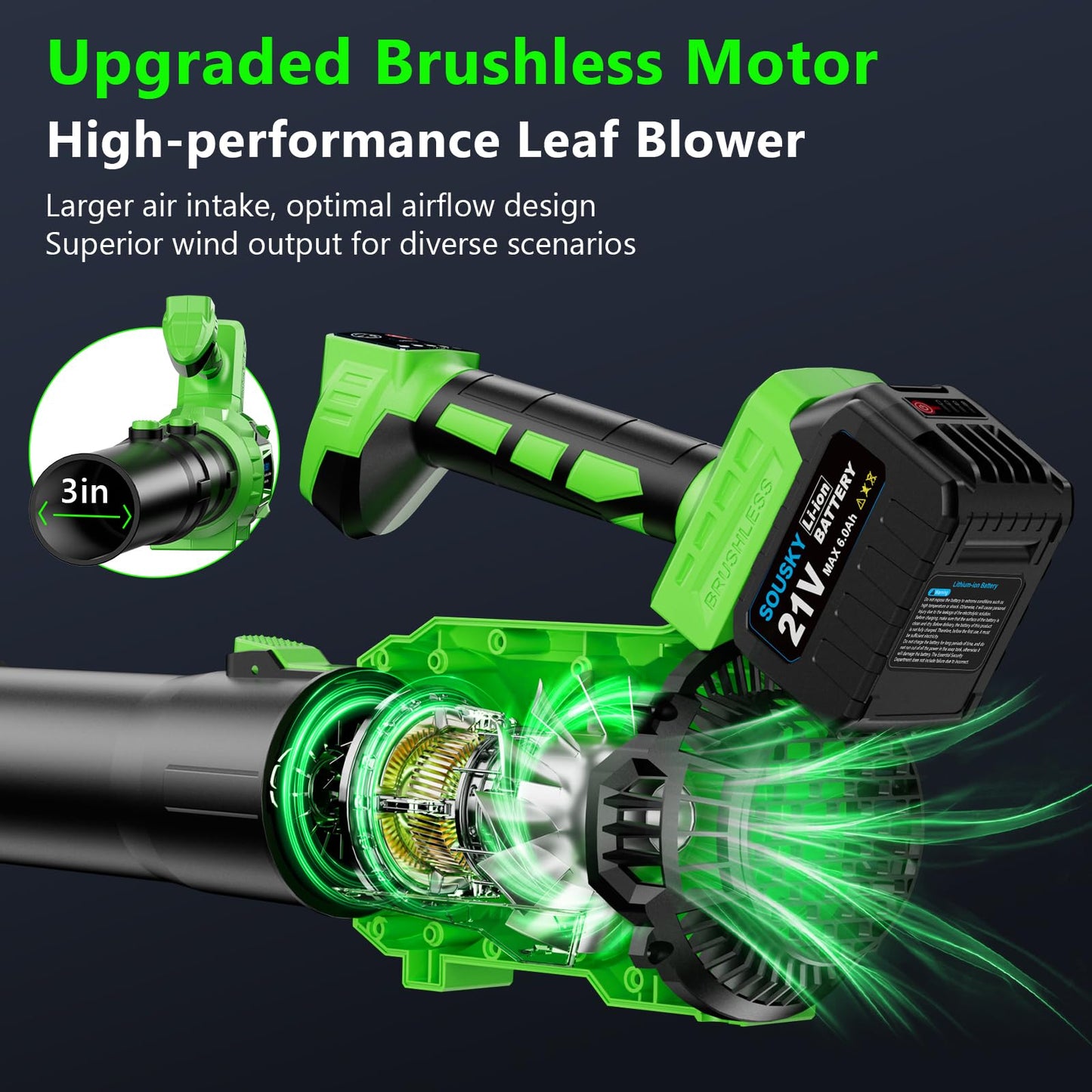 SOUSKY Leaf Blower Cordless, Battery Leaf Blower with 2 * 6.0Ah Batteries and Charger, 21V Brushless Electric Leaf Blowers with 5 Speed Levels and Turbo Mode for Lawn Care,Blowing Leaves,Yard Cleanup