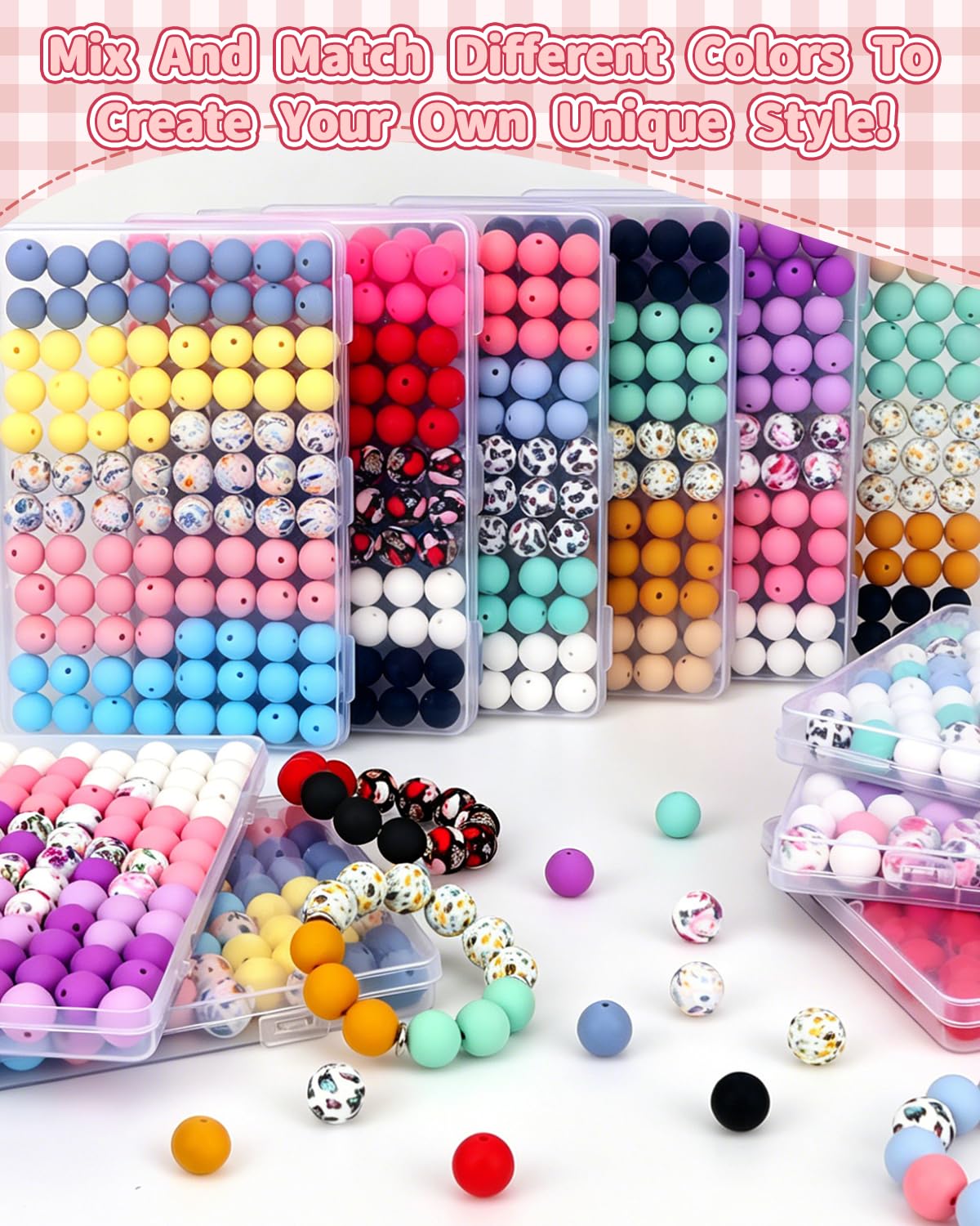 SALUOKE 100 Pcs 15mm Silicone Beads for Keychain Making, Pink Red Silicone Beads Bulk Round for Bracelets Pens Crafts Jewelry Making (Pink Red)