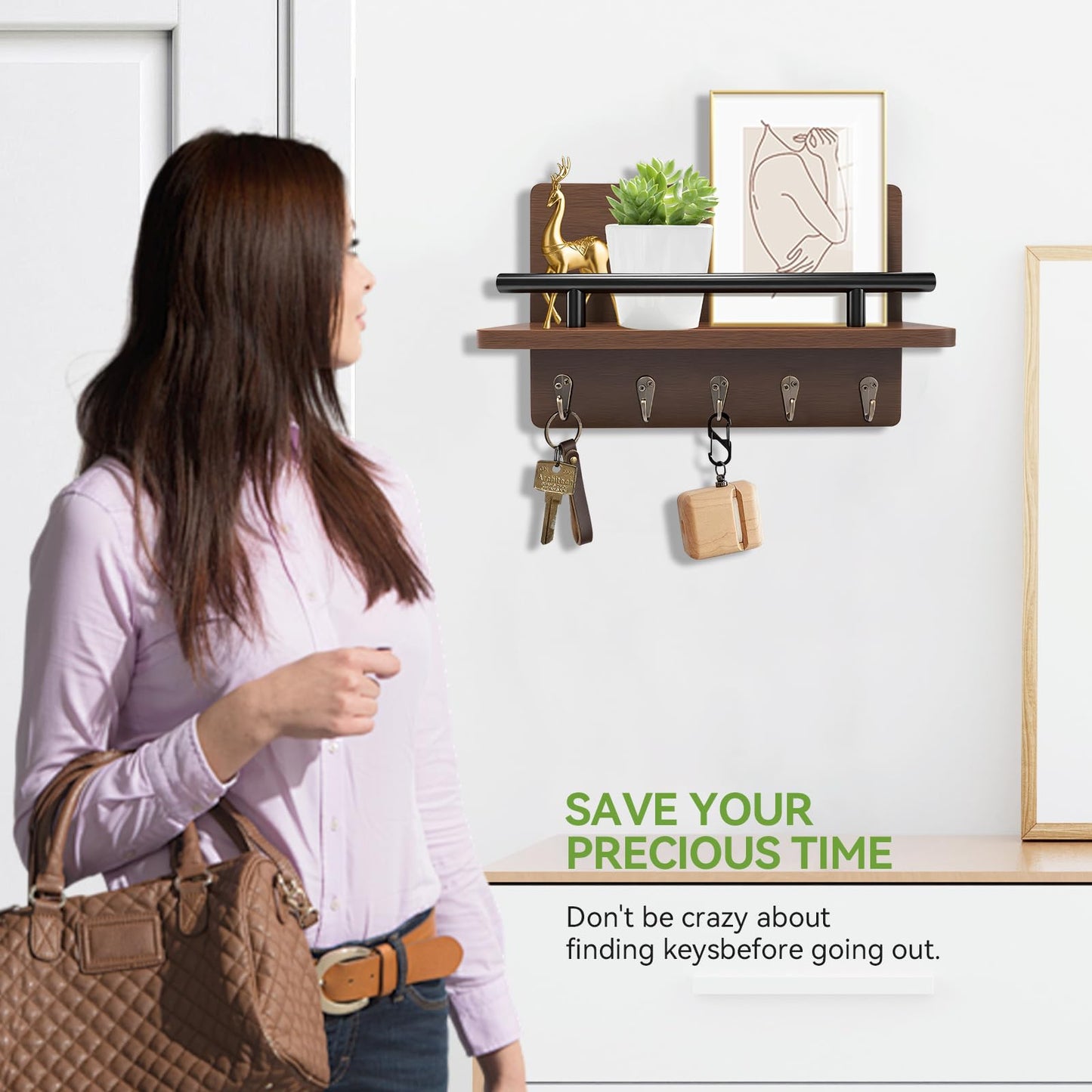 KISENG Key Holder Wall Mount, Decorative Key Rack with Shelf & 5 Sturdy Hooks, Rustic Key Hooks for Wall for Mail Organizer Hanging Dog Leash, Glasses, Wooden Key Hanger with Mounting Hardware