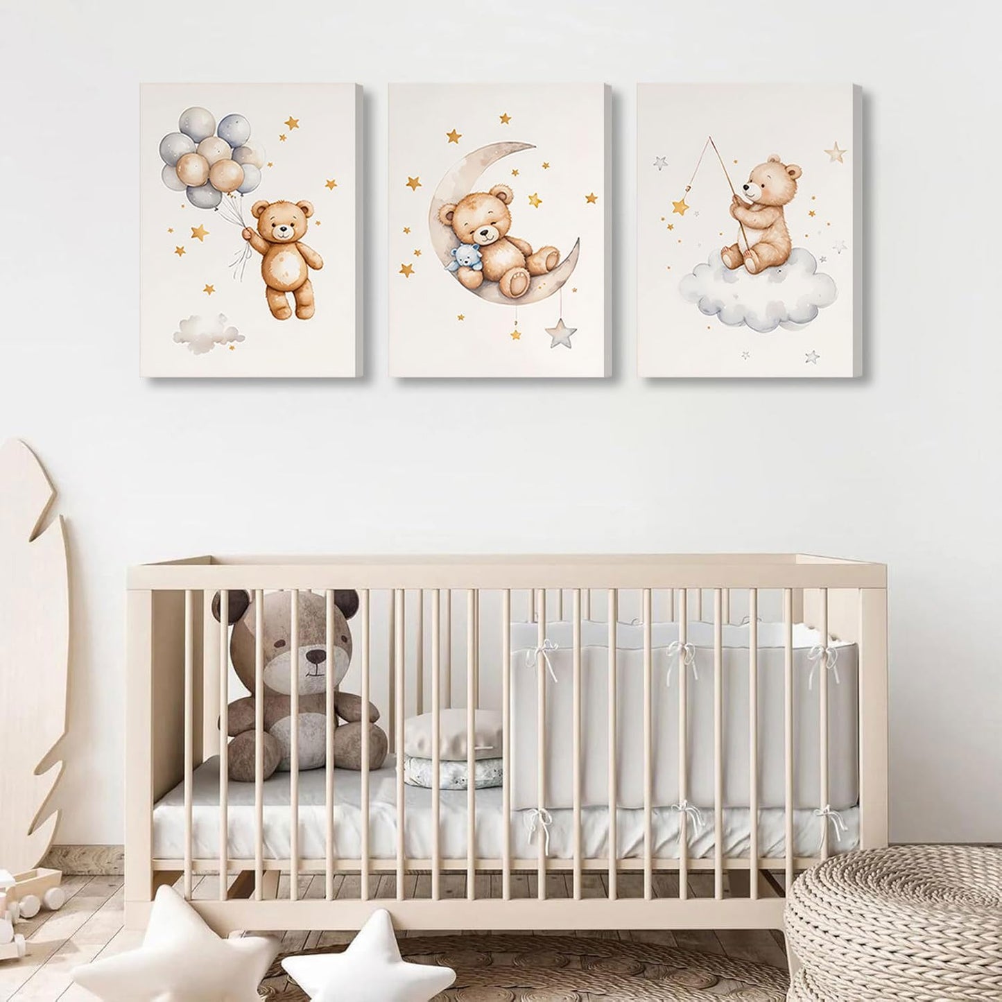 3 Pcs Framed Teddy Bear Nursery Canvas Wall Art Bear Sleeping on The Moon and Stars Wall Decor Pictures Balloon Cloud Neutral Poster Prints for Kids Baby Room Kindergarten Home Decoration 12x16in
