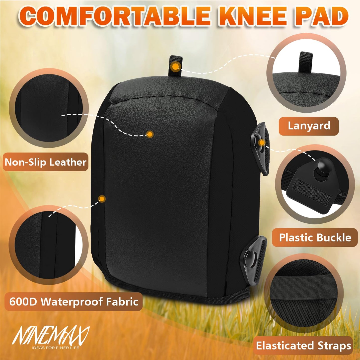 NINEMAX Knee Pads for Work, Construction, Floor, Garden, Soft Leather Non Slip Knee Protector with Thick Comfortable Foam and Adjustable Straps for Men Women Adult (Black)