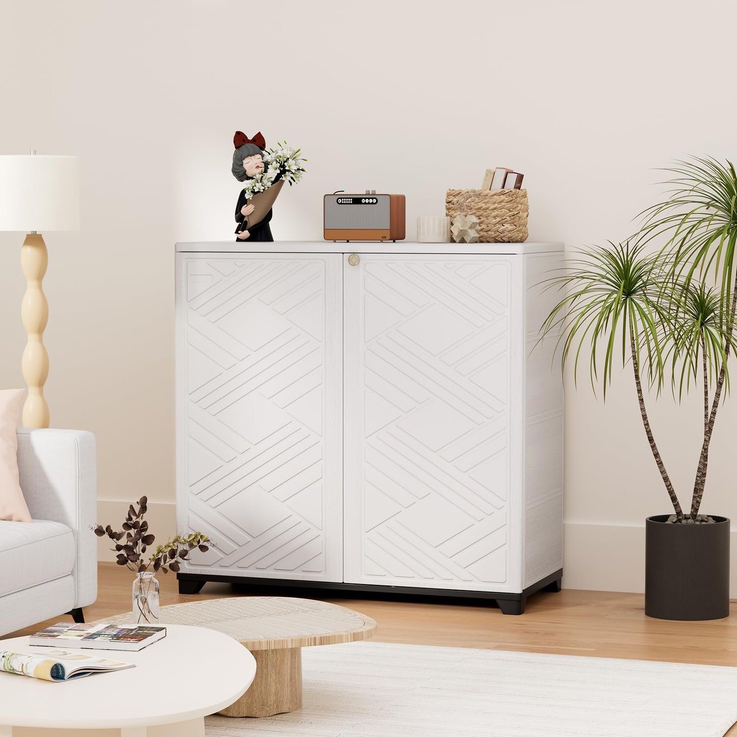 HOMSPARK Indoor/Outdoor Storage Cabinet with Doors, 34”x15”x34” HDPE Plastic Storage Box for Bedroom, Bathroom, Living Room, Balcony, Multi-Purpose for Daily Tools, White