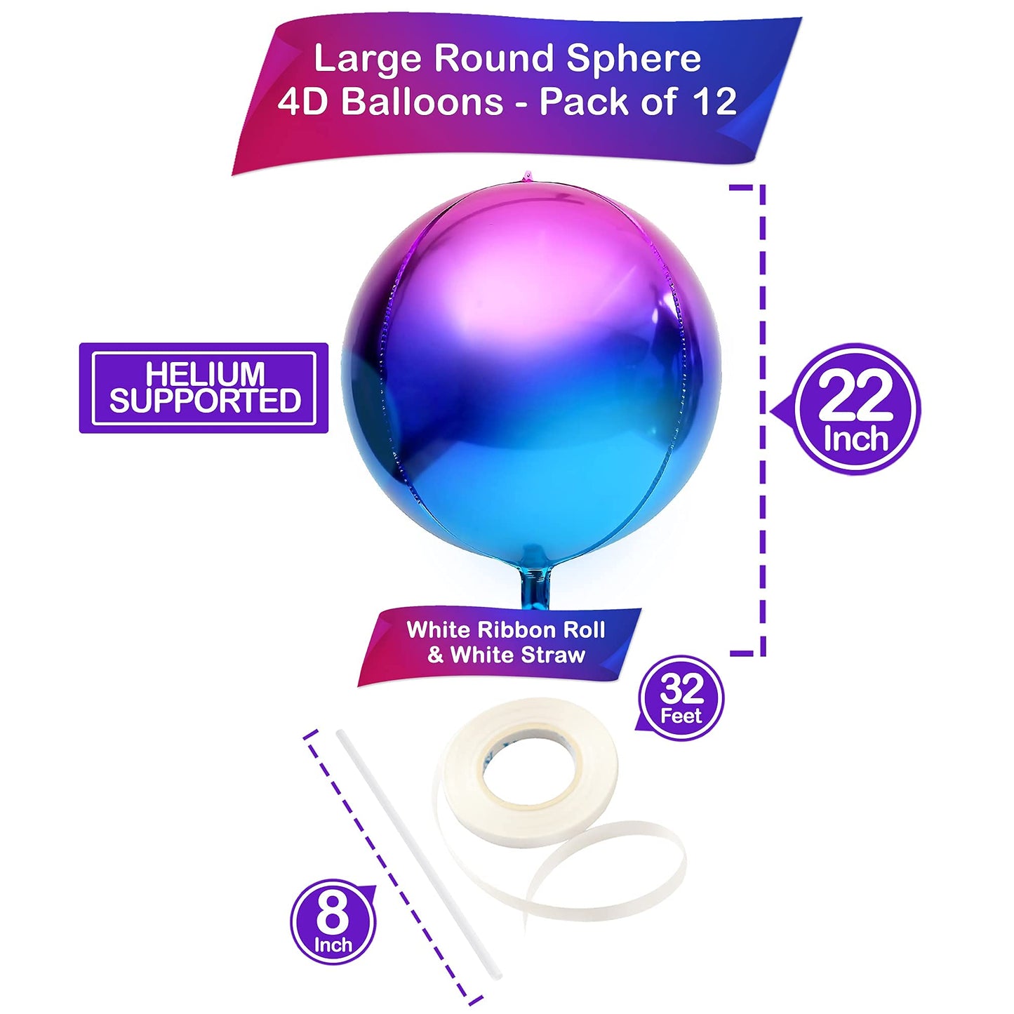 KatchOn, Purple Galaxy Balloons - 22 Inch, Pack of 12 | Round 4D Metallic Iridescent Balloons for Galaxy Birthday Party Decorations | Purple and Blue Balloons for Mermaid Party Decorations