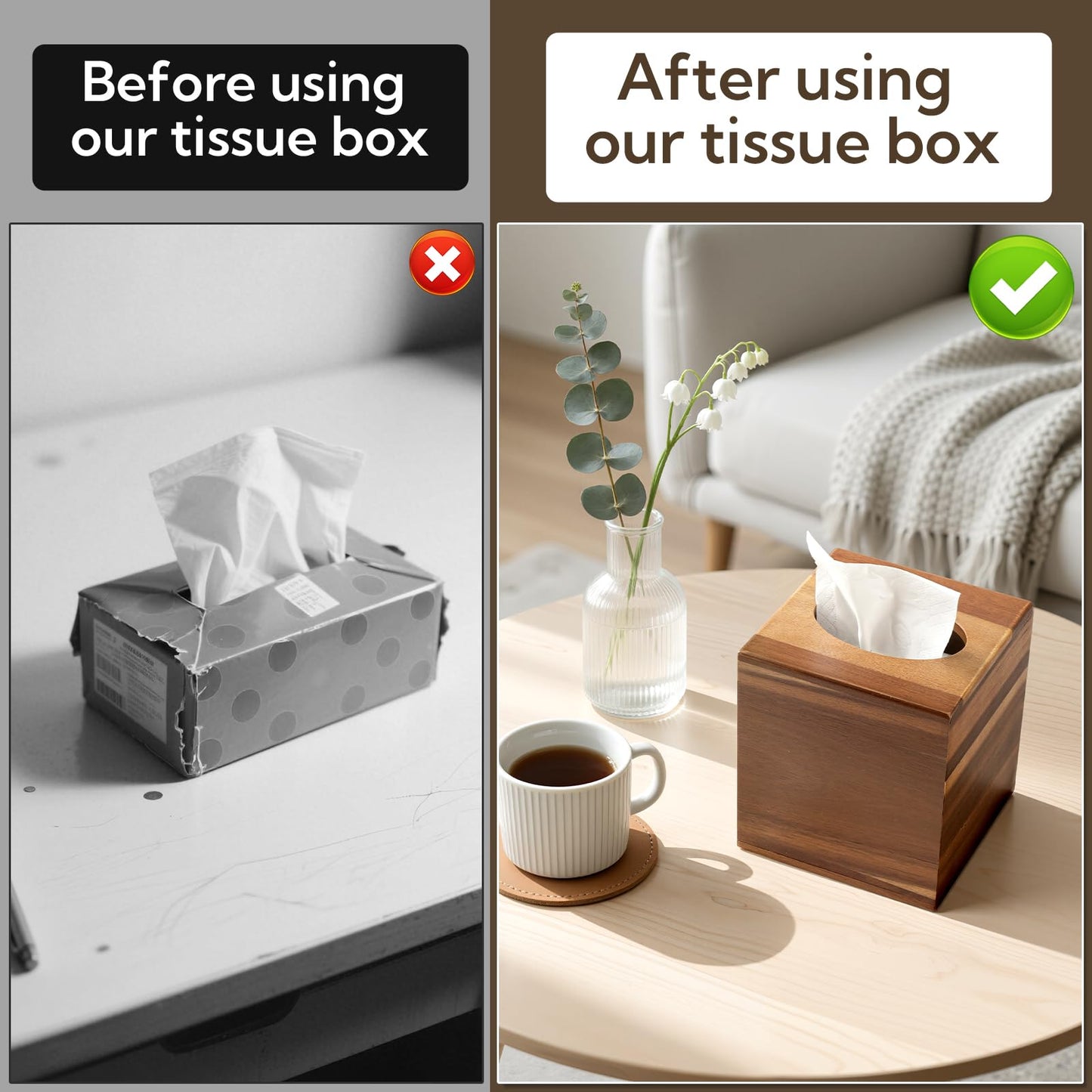 Wooden Tissue Box Cover 6 Pack - Acacia Wood Tissue Box Holder for Bathroom, Office & Farmhouse Decor, Decorative Square Covers for Tabletop Stands