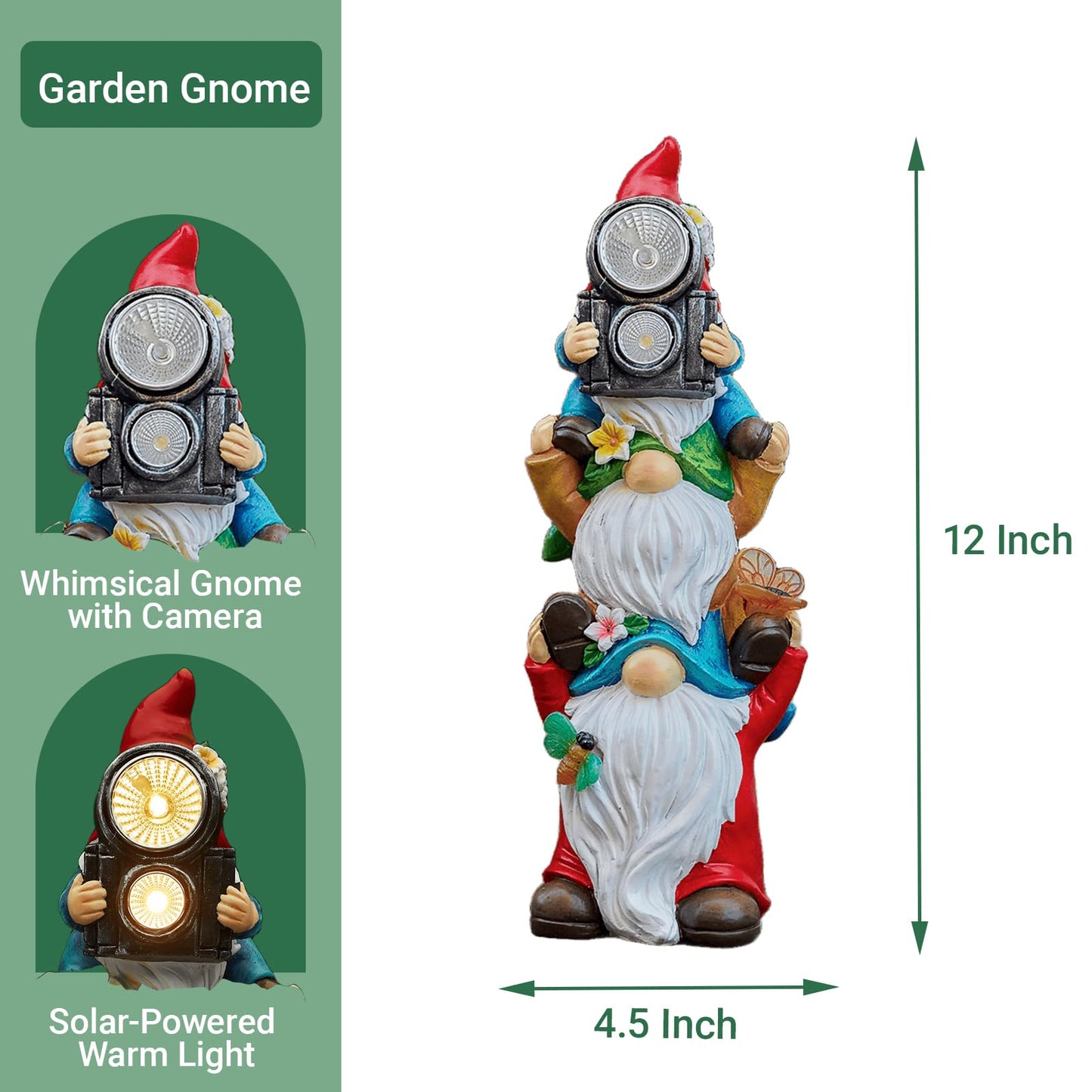 Elegondrar Funny Photography Garden Gnomes Statue, Solar Christmas Gnomes Outdoor Decor for Yard, Lawn, Patio, Porch, Unique Xmas Birthday Housewaming Gifts,12 Inch, Resin