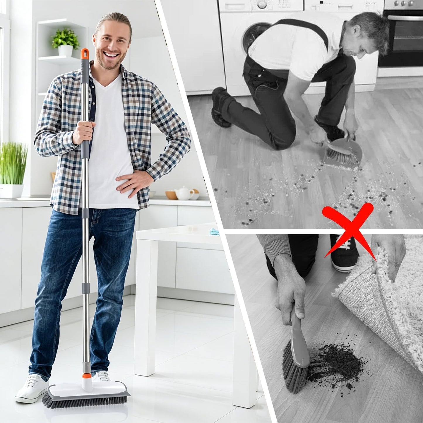 ITTAR 55" Extendable Floor Scrub Brush | 12" Wide 2-in-1 Scrub & Squeegee | Heavy-Duty Tile Scrubber Cleaner with Stiff Bristles for Shower Floor, Kitchen, Restaurant, Patio & Garage-Orange