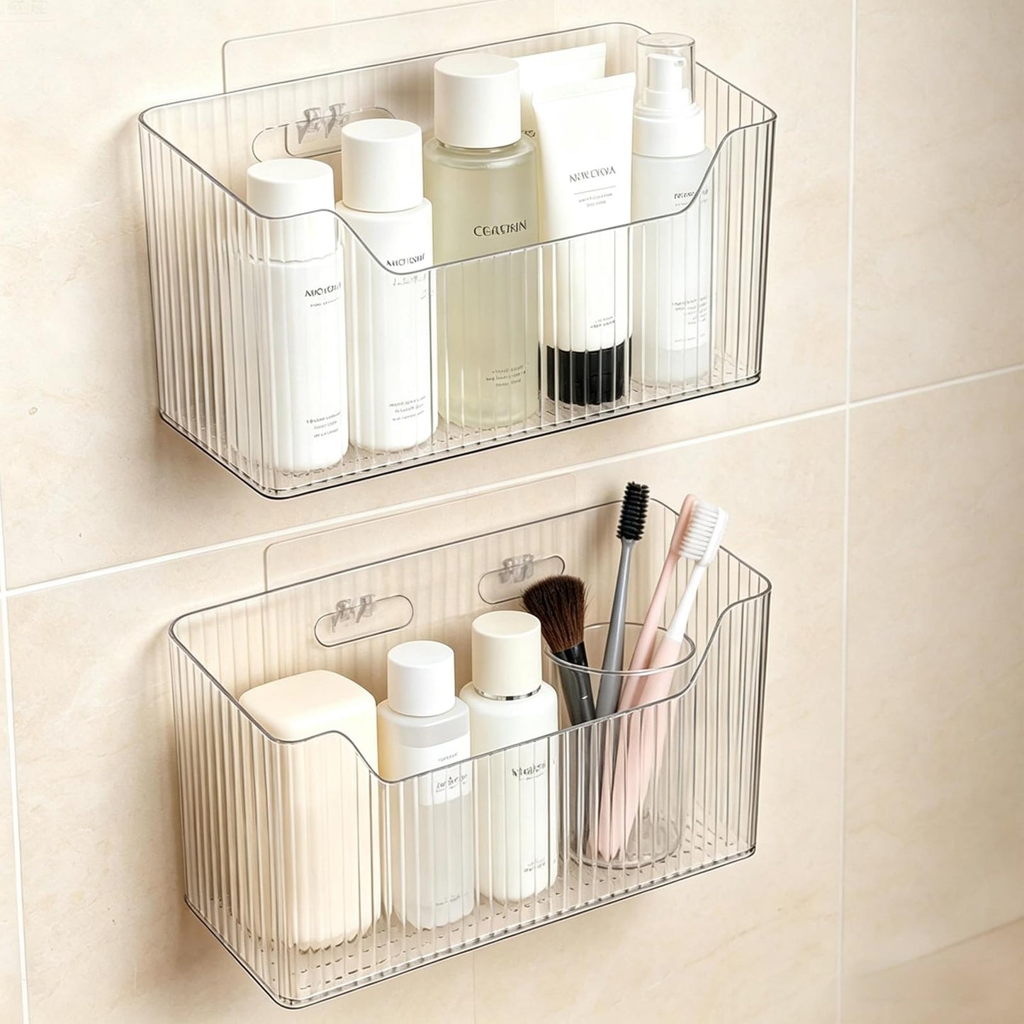 Acrylic Wall Mounted Storage Racks,2Pcs Storage Box Shower Basket, Transparent Plastic Makeup Box Stackable Storage Basket for Kitchen Bathroom Cabinet Pantry and Office, with 2 Back Stickers