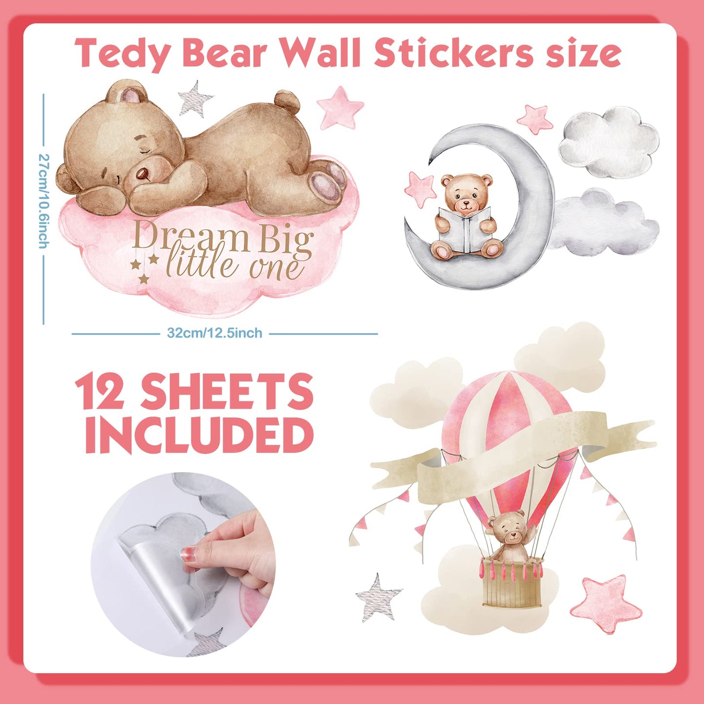 Yinder Pink Bear Wall Decals (12 Sheets, 78 Pcs) - Highland Cow, Clouds, Balloon Decor for Kids Nursery Room, Bedroom, Living Room, Classroom Decor