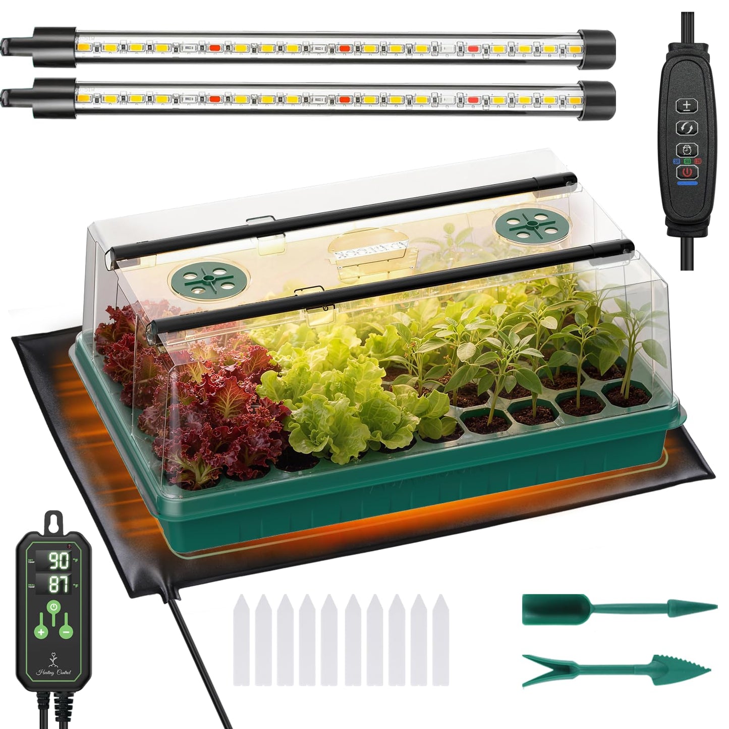 Seed Starter Tray with Grow Light and Thermostat Controller Heat Mat, 10"x 20.75" Heat Mats for Plant Growing，68-113°F Adjustable，Color Change Grow Lights，Germination Trays Kits (Green, 60 Cells)