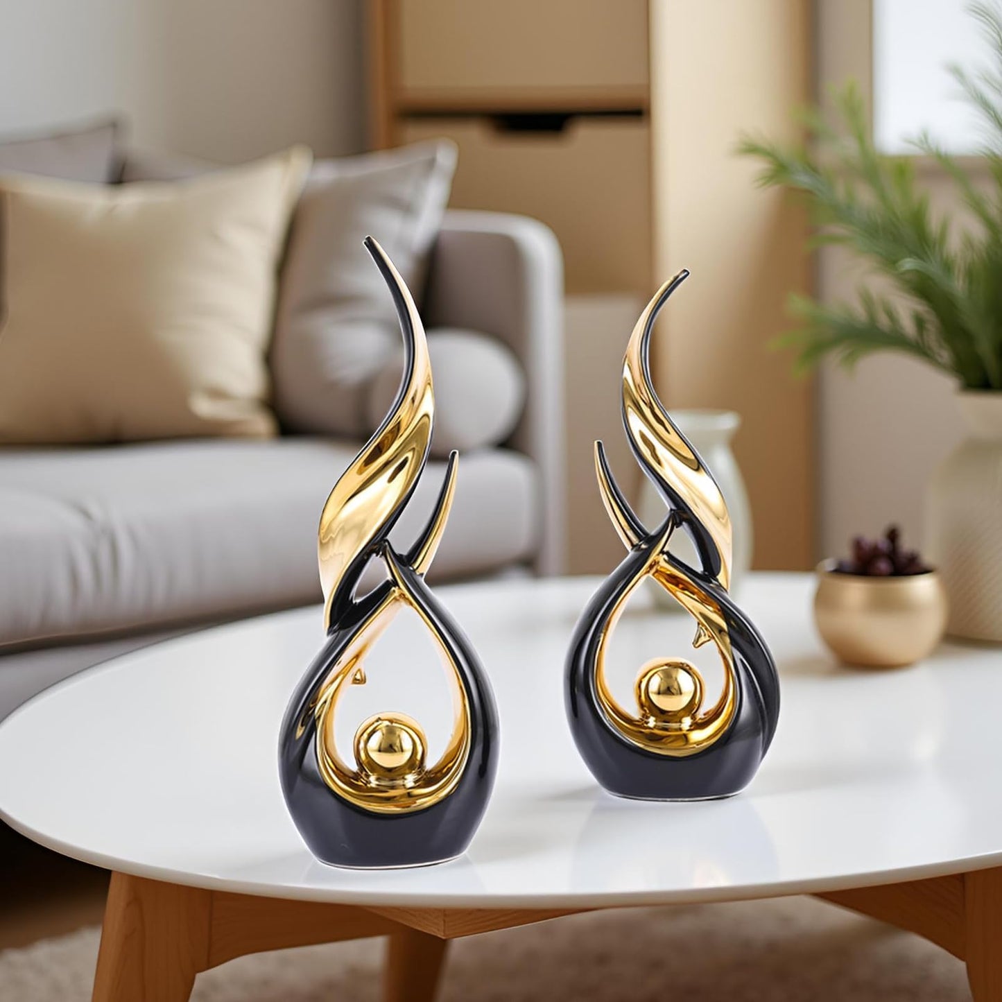 XMGZQ Gold Ceramic Abstract 2 Piece Statue Set,Mid Century Modern Abstract Art Home Decor Statue Mantelpiece on Unique Shelf Decor, TV Cabinet Divider Table top and Dining Table Centerpiece (Black)
