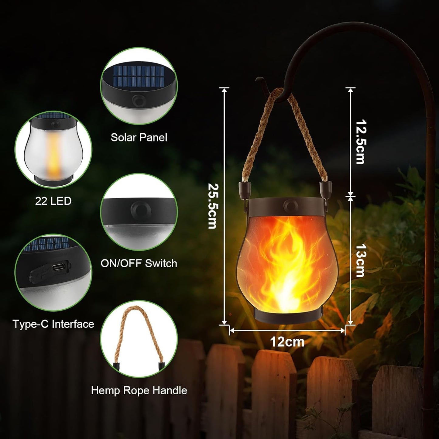 Solar Lanterns Outdoor Waterproof - 2 Pack Flickering Flame Hanging Lights with 2 Modes & Solar USB Dual Charging for Outside Yard Garden Patio Porch Pathway Tabletop Holiday Decor