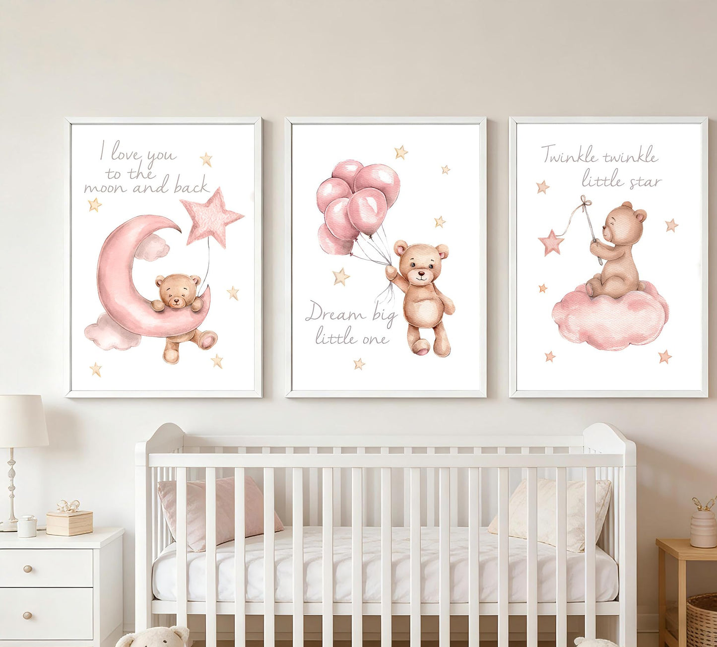 3Pcs Pink Teddy Bear Nursery Wall Art Prints, Dream Big Little One I Love You to the Moon and Back Twinkle Twinkle Little Star Posters, Baby Girl Room Decor for Nursery Playroom 12x16in Unframed