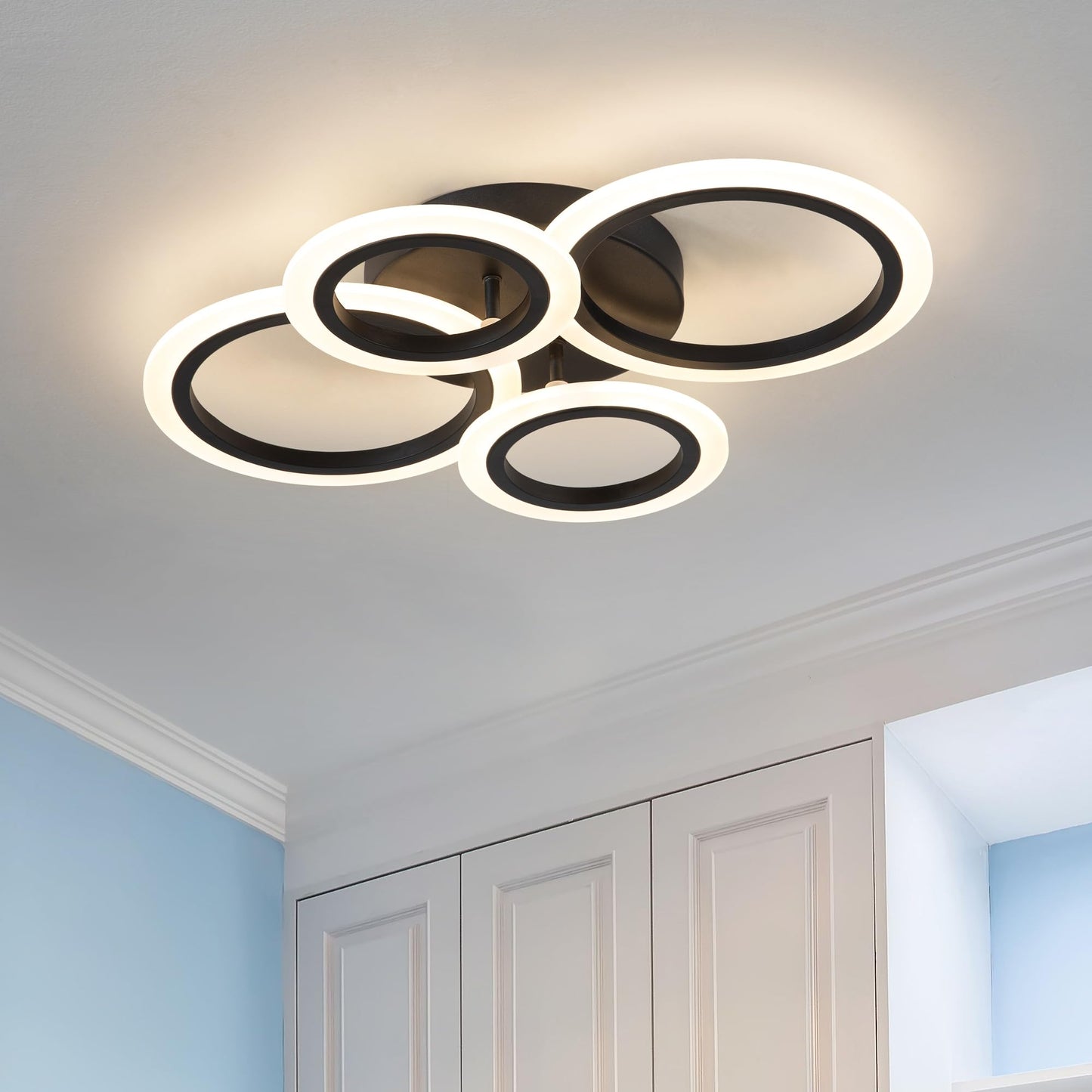 Shine LUEST 34W Modern LED Ceiling Light, 3000K-6000K Dimmable Ceiling Lighting Fixtures Ceiling Mount 4 Rings Black LED Chandelier Bedroom Lights Flush Mount with Remote for Kitchen, 2720LM